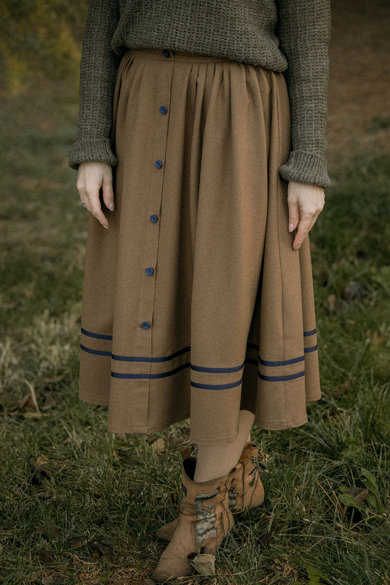 Button Brown wool Skirt for Women C3823