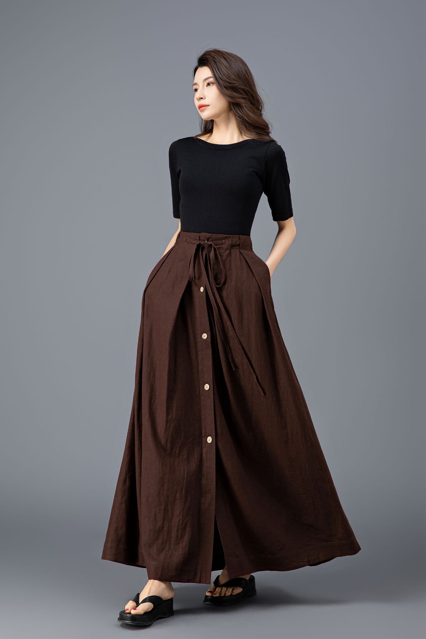 Bohemian Brown Linen Maxi Skirt C3920