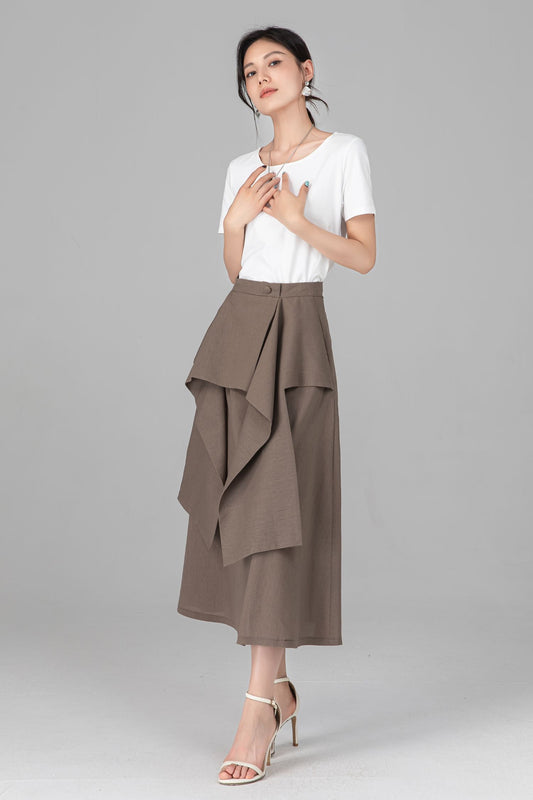 Khaki Linen Cotton Asymmetrical Midi Skirt: High Waist Layered Ruffle A-line Skirt, Ylistyle C5521