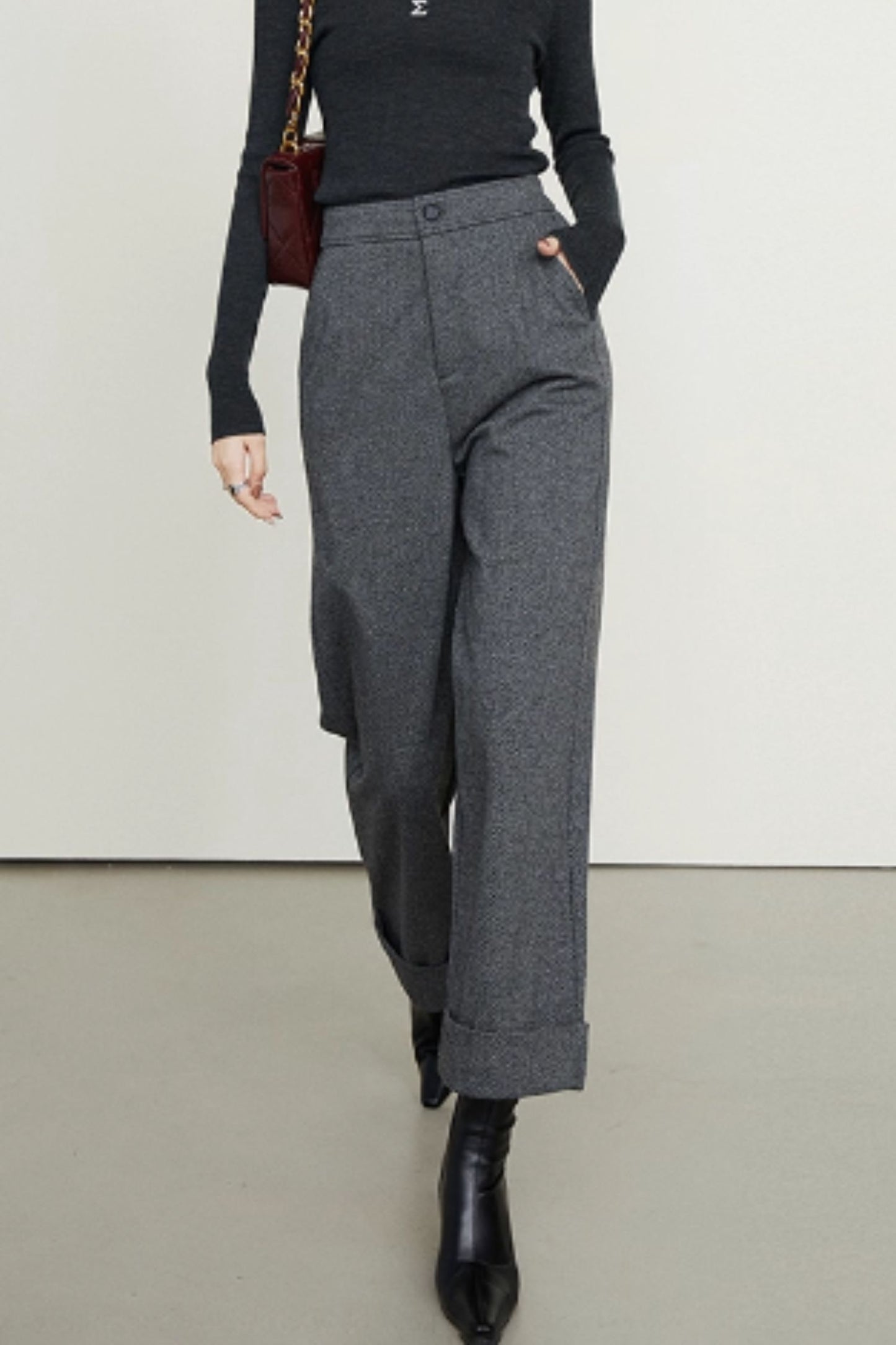 Wide leg office gray wool pants women C5352