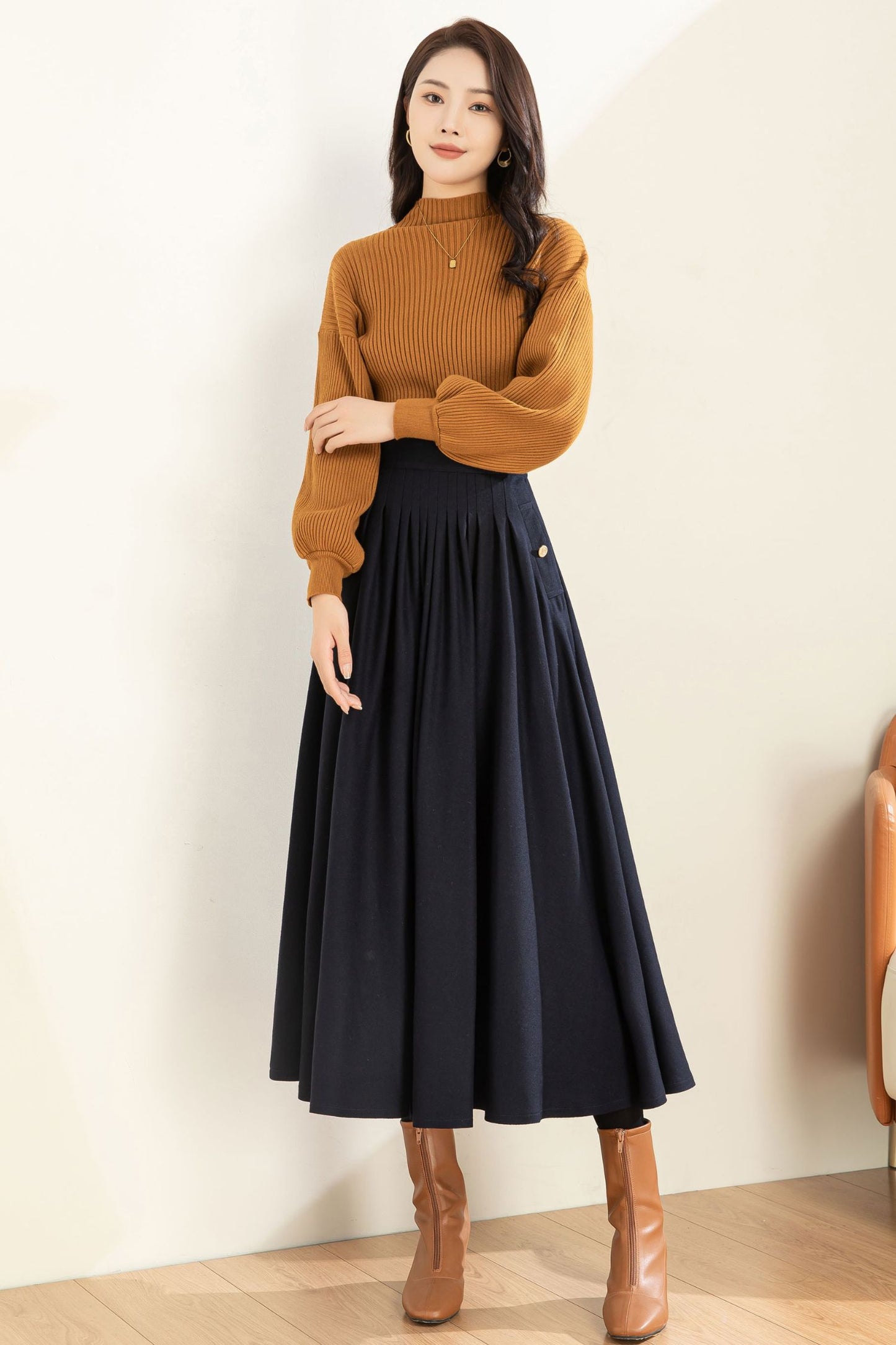 Navy Blue Wool Midi Skirt C3603