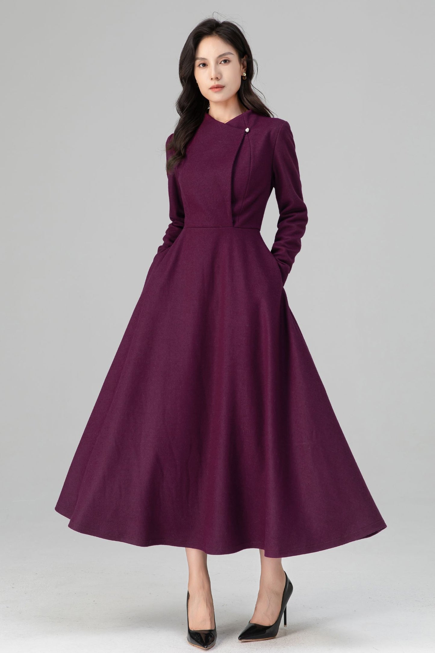 Winter Deep Purple Long Swing Wool Dress Women C5207