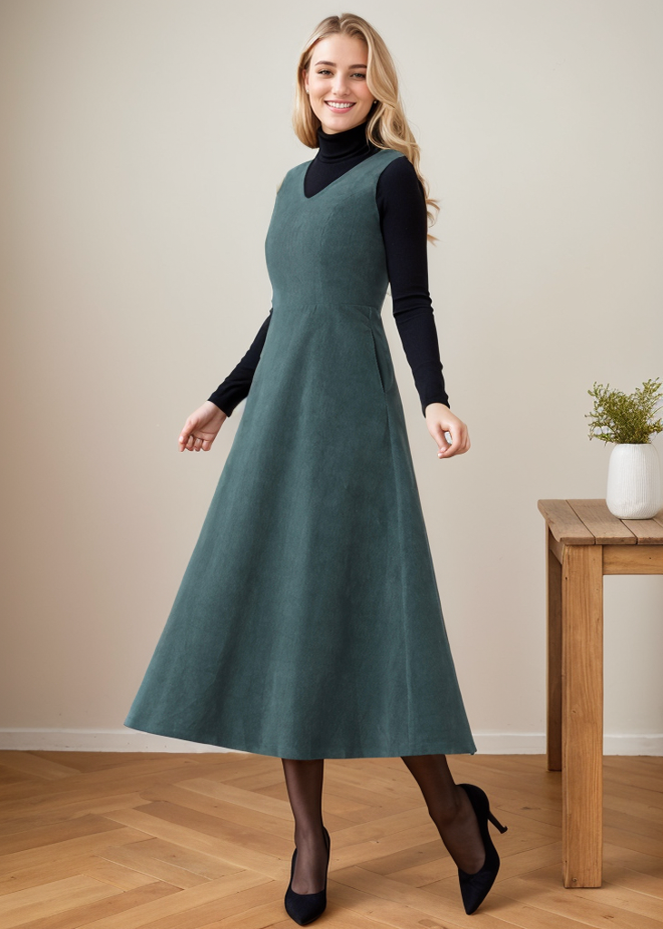 Green Sleeveless A-Line Corduroy dress C4361