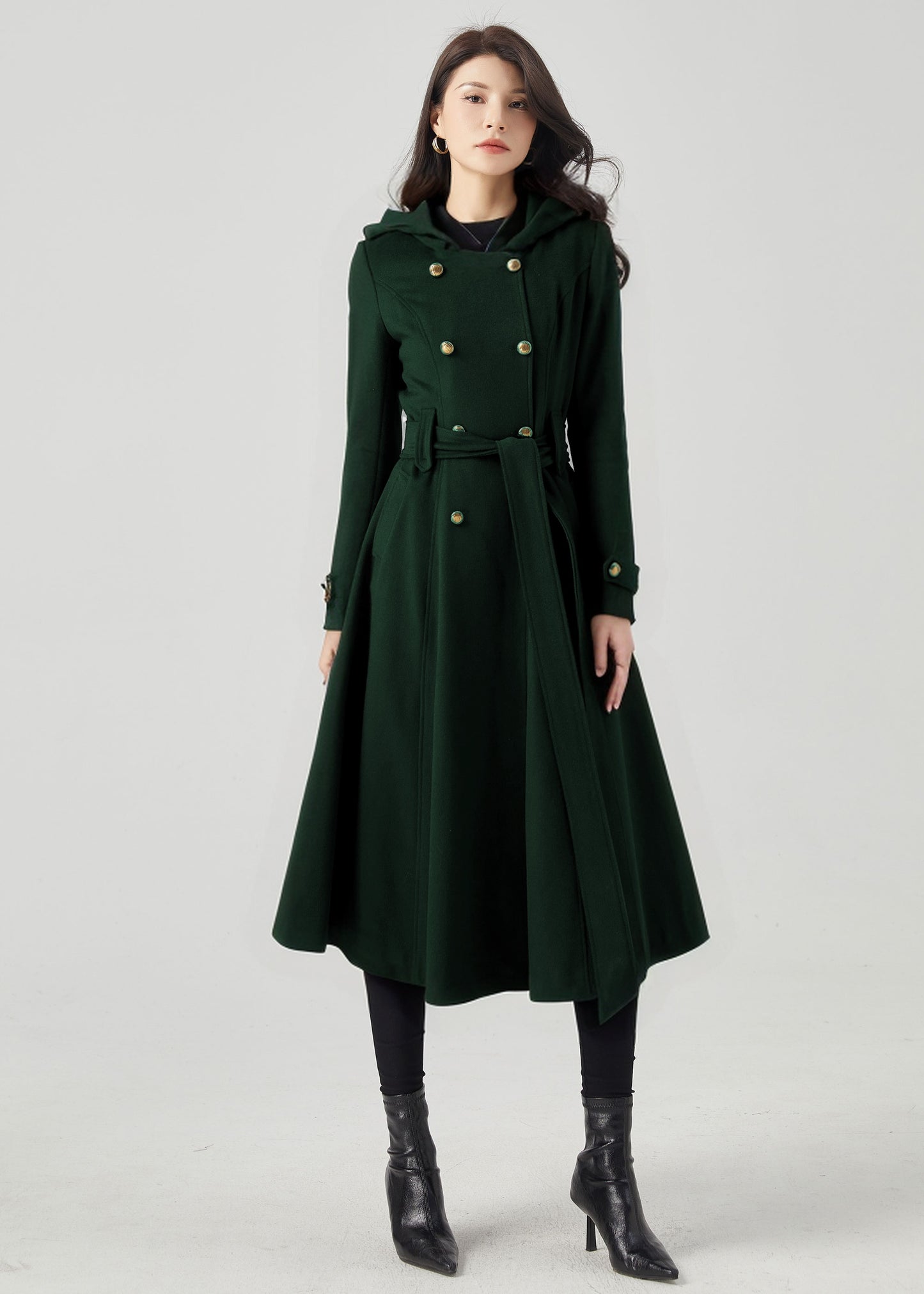 Long Double Breasted Hooded Wool Coat C4406