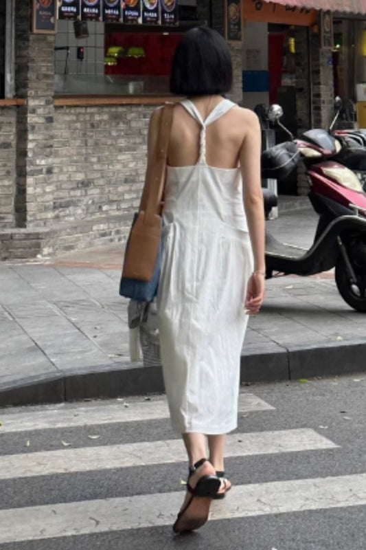White Polyester Long Tank Dress - Romantic Silhouette with Pockets c5068