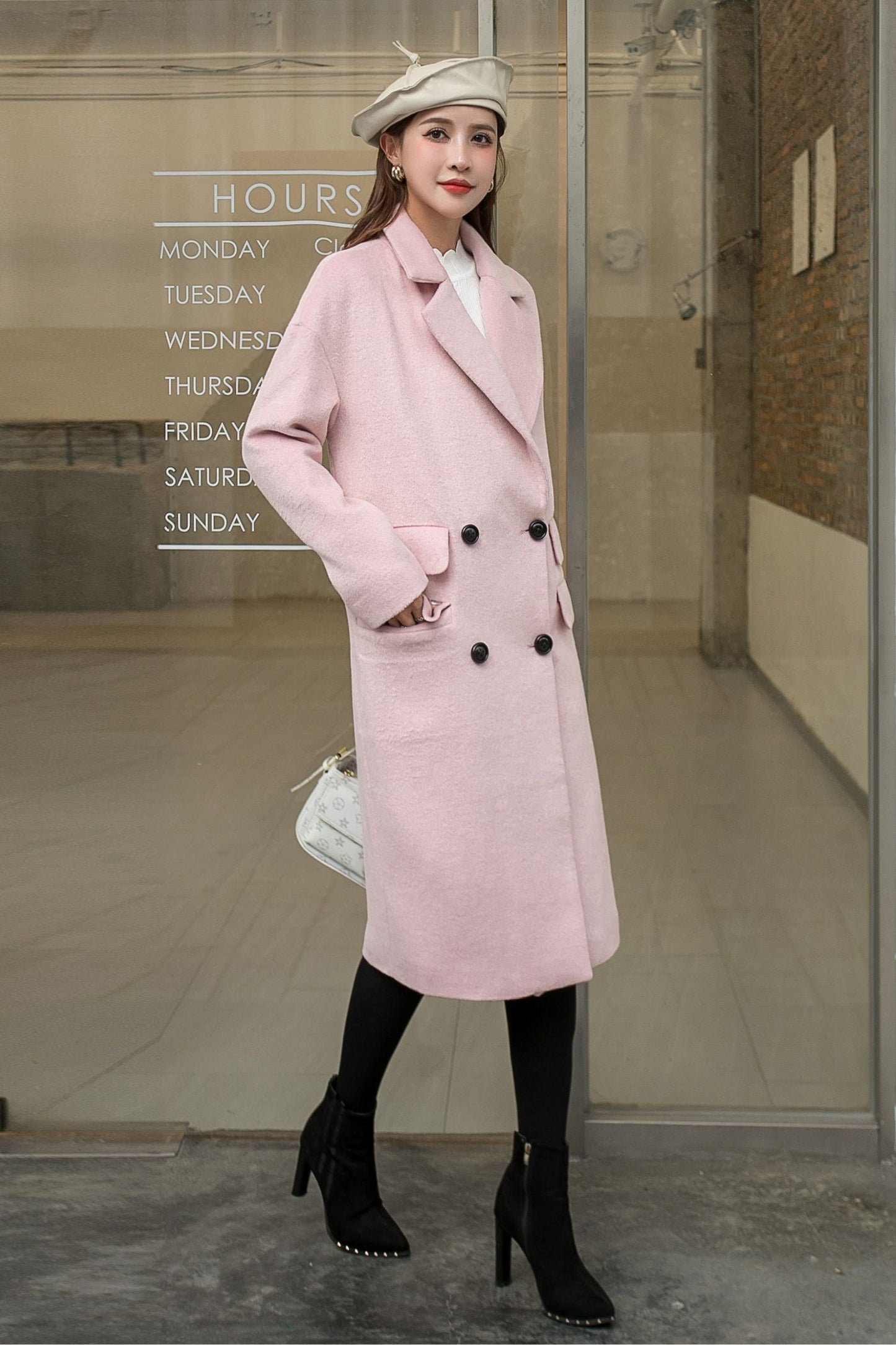 Long pink winter wool coat C4371