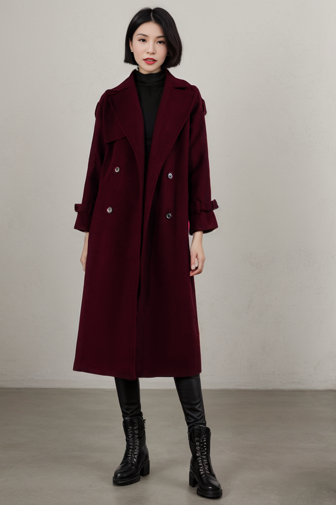 Army green wool maxi coat with self tie belt C1762