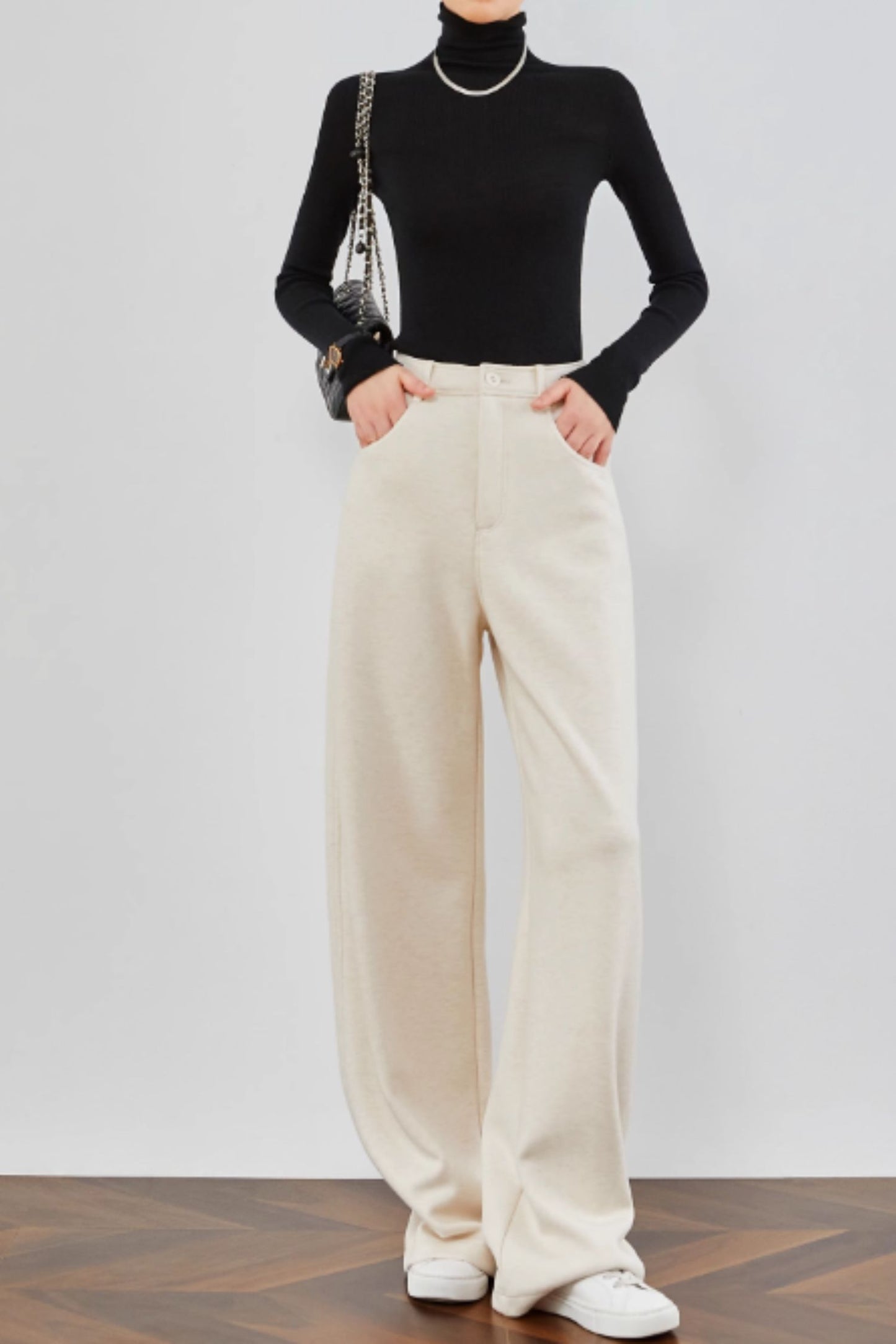 Wide leg beige long wool pants C4666