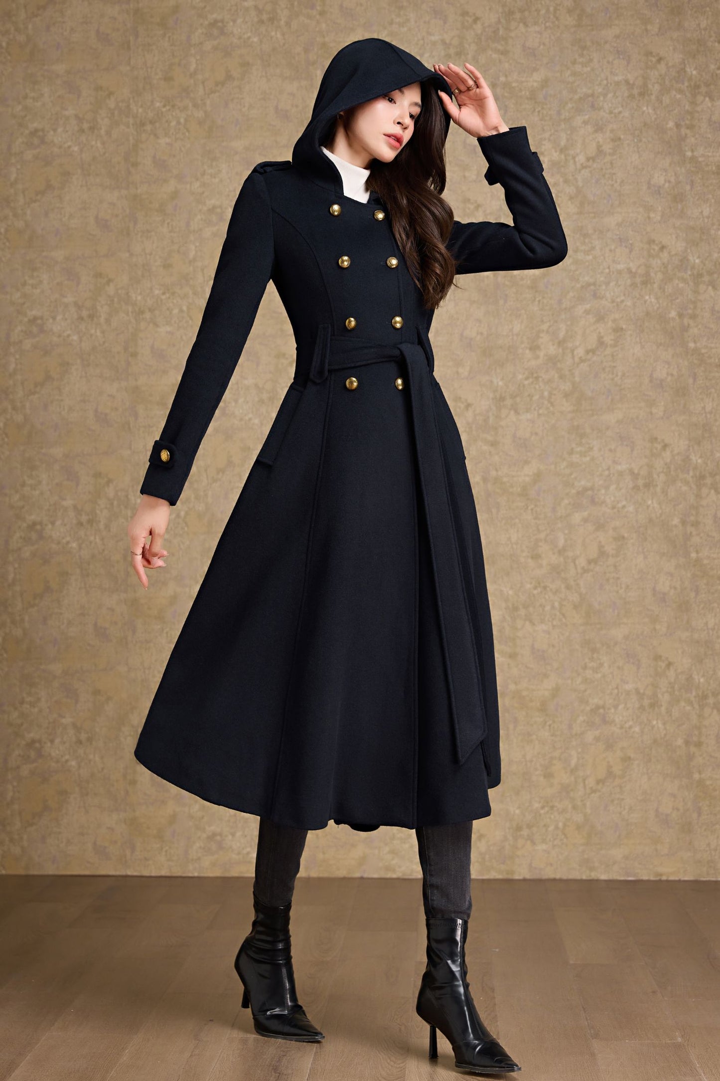 Double breasted hooded long wool coat C4480