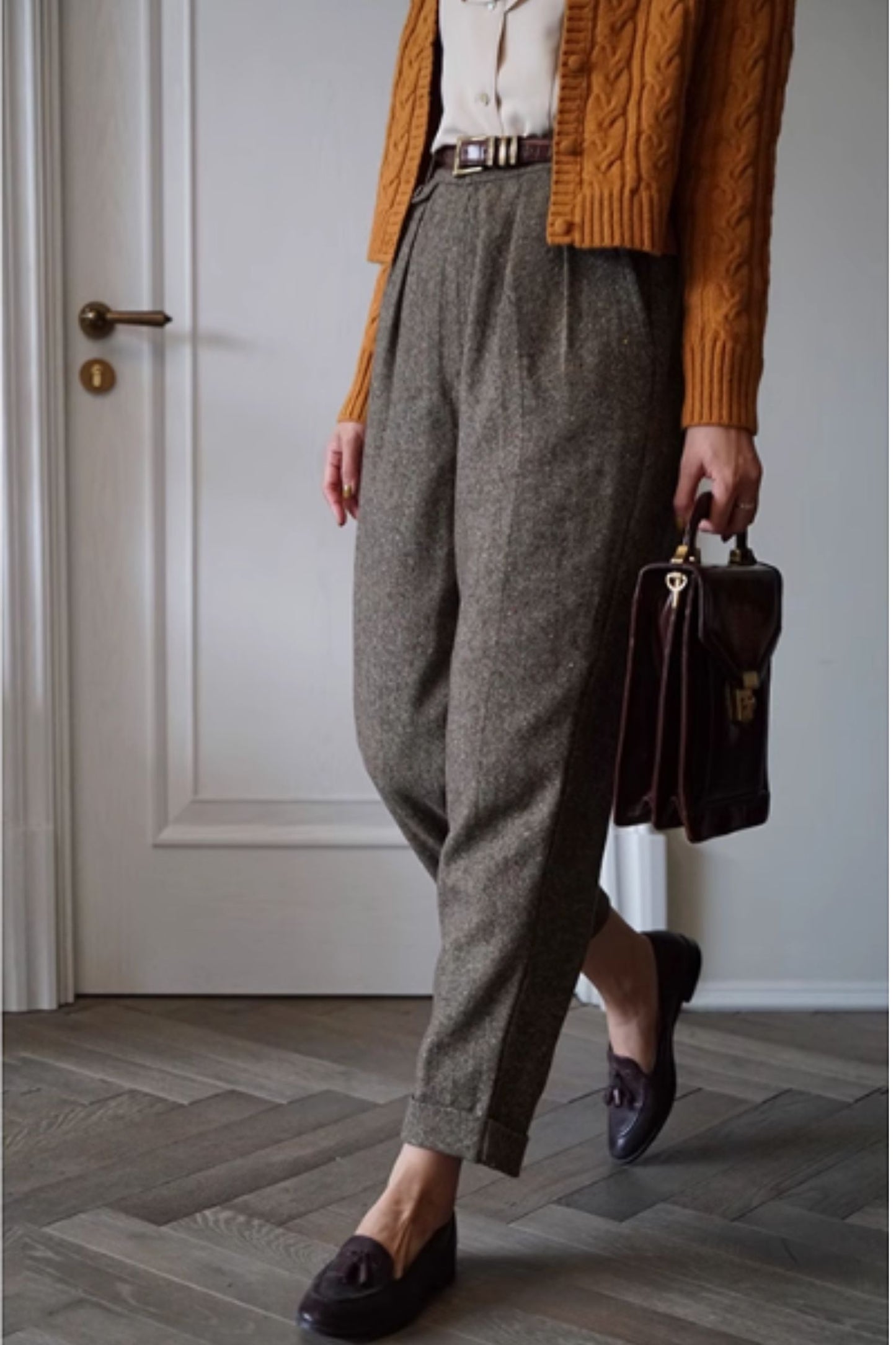 Brown high waist winter wool pants C4646