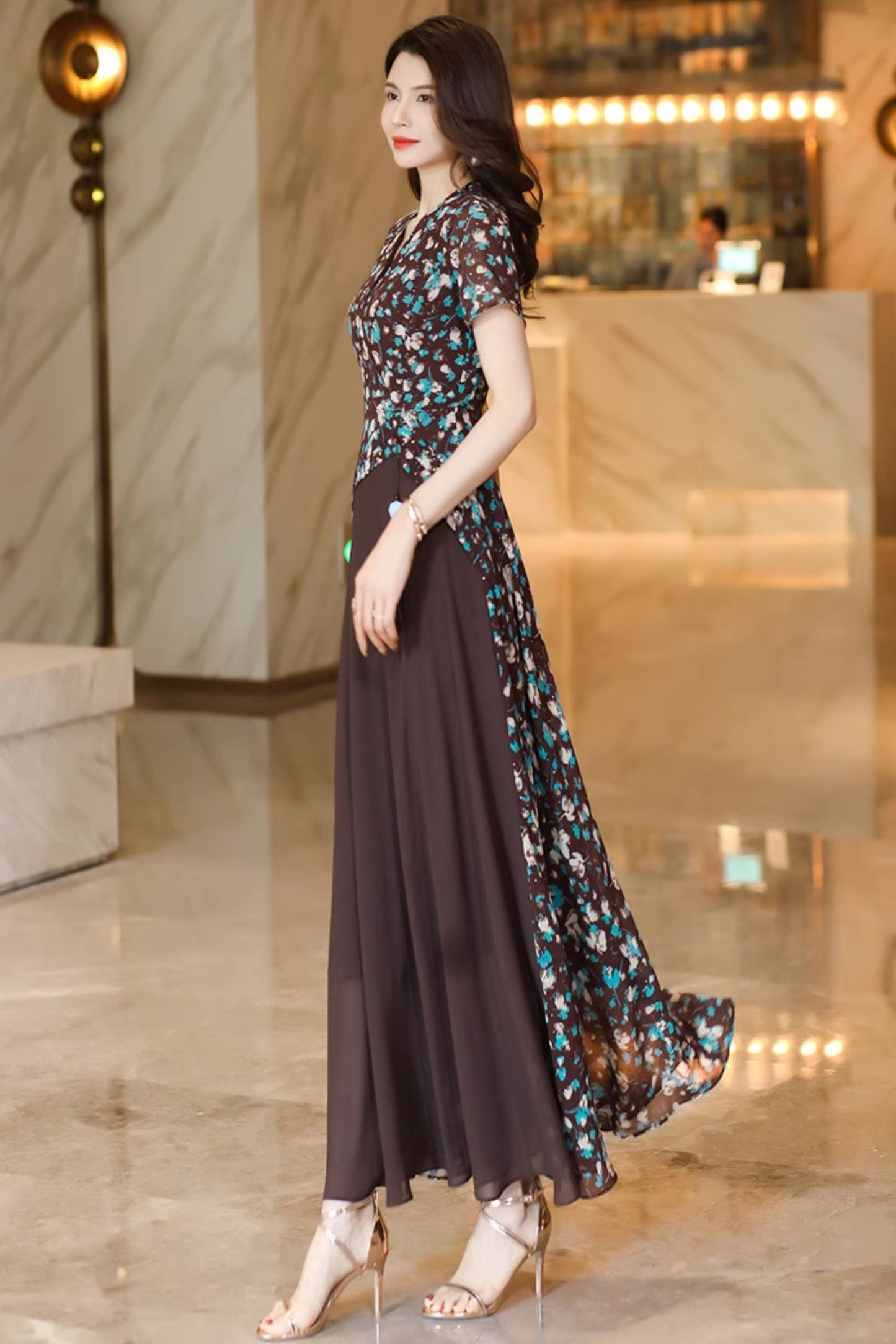 Prom block color party chiffon dress C4919