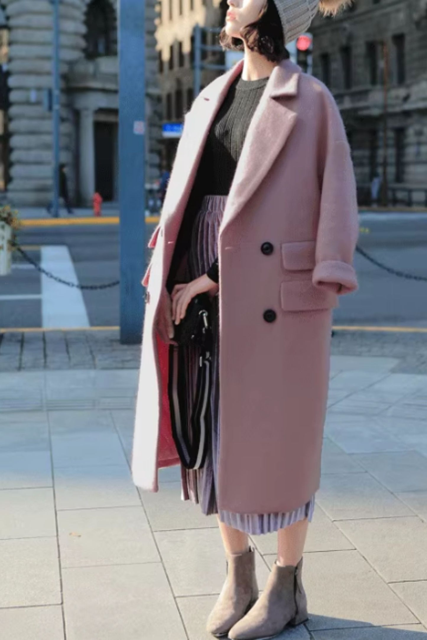 Pink warm long trench wool coat C5162