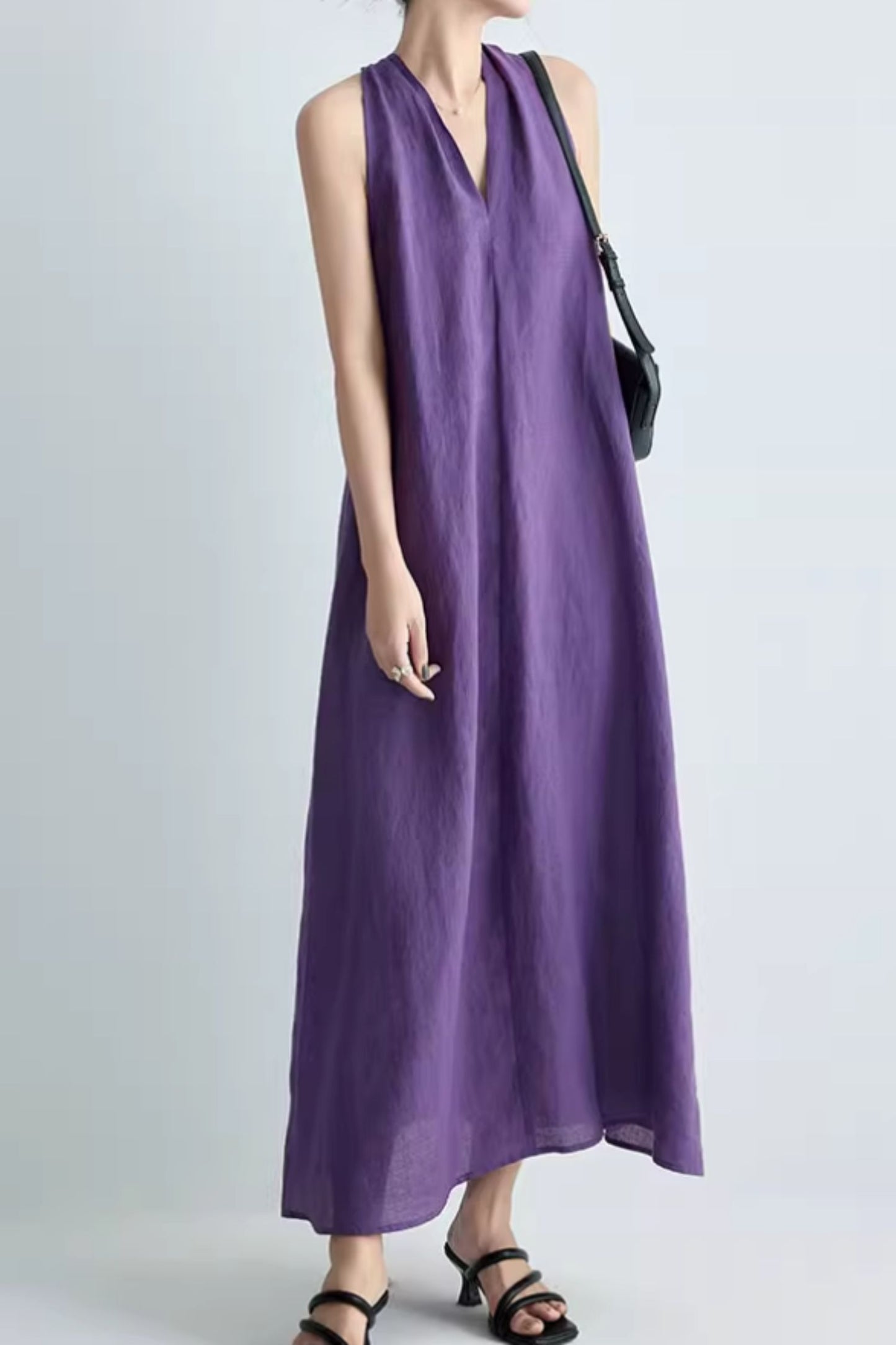 Purple loose fitting summer linen dress C5064