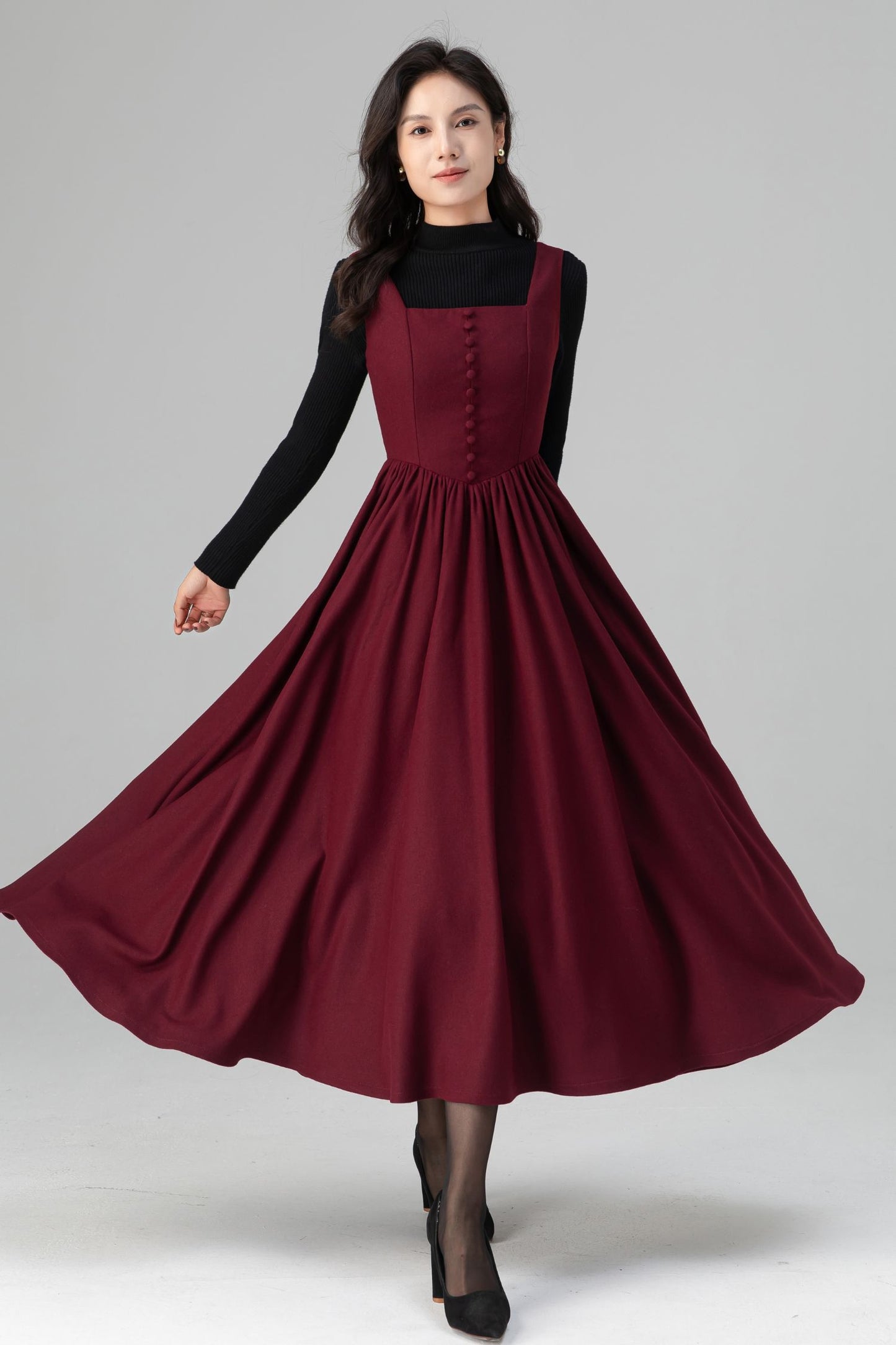 Square Neck Maxi Pinafore Wool Dress for Women C5201