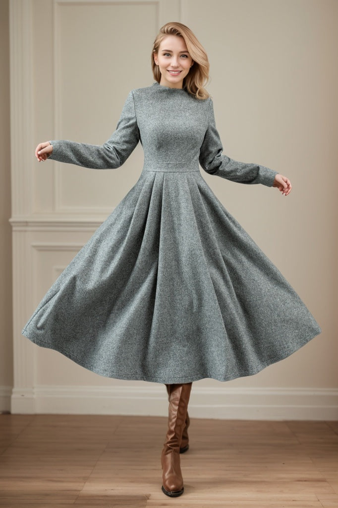 Women Swing Long Winter Wool Dress C4442