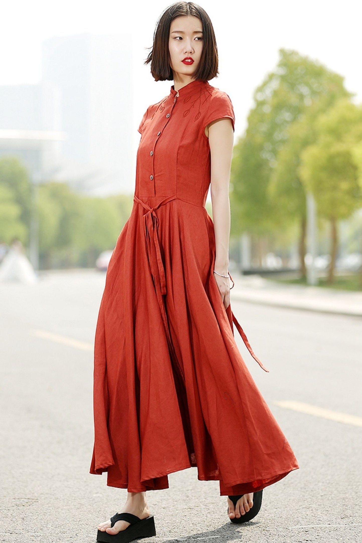 Linen maxi womens summer orange short sleeve dress C352