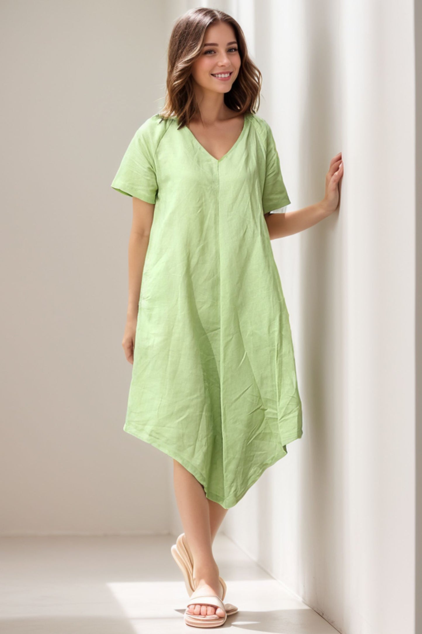 Midi Linen Dress in green C273