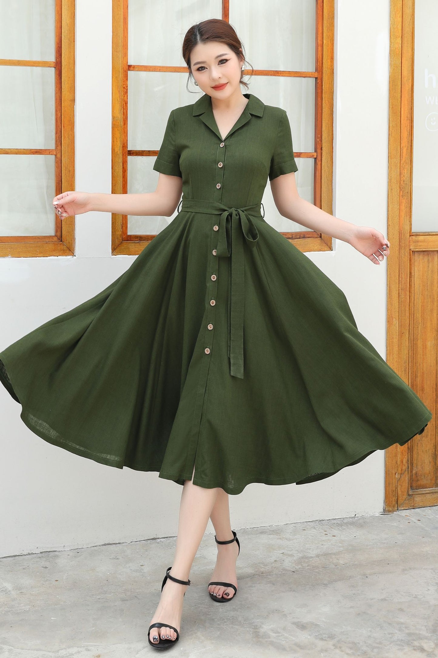 Green Linen Summer Shirt dress c4833