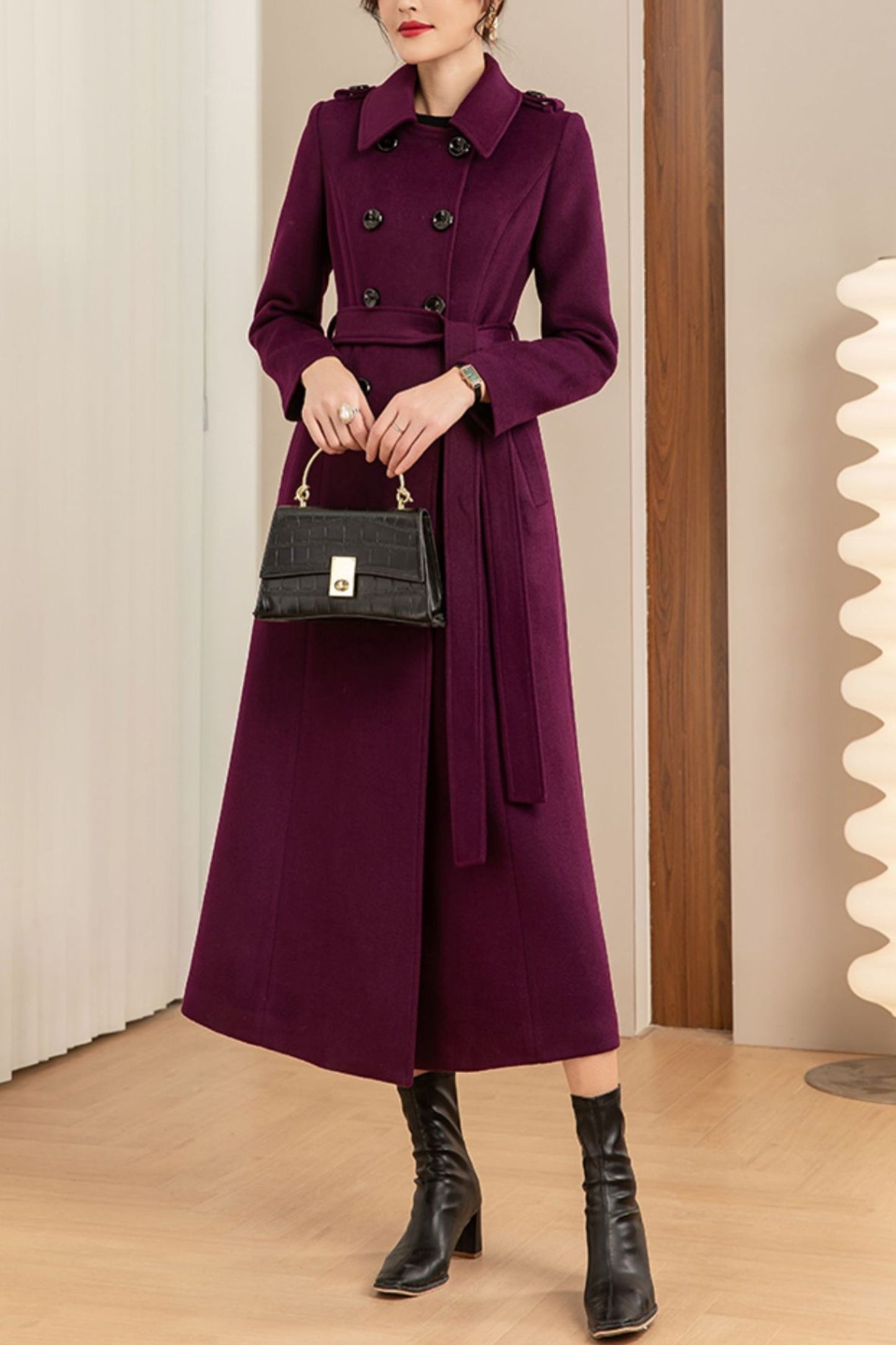 Purple winter double-breasted long coat C4146