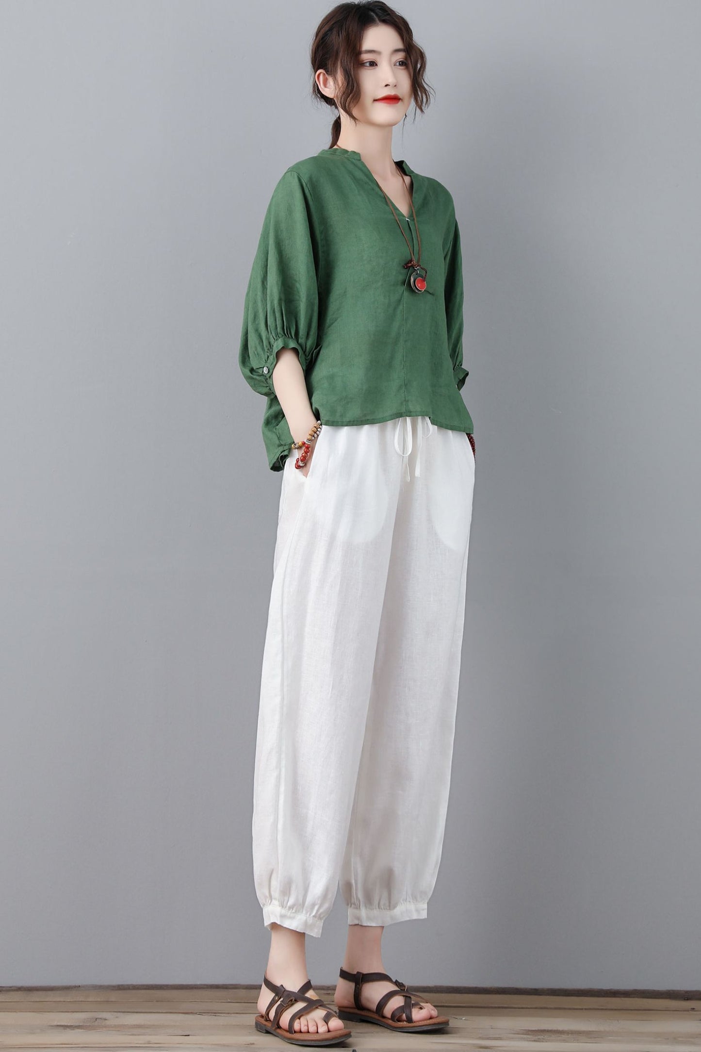 White Casual Cropped Elastic Waist Drawstring Linen Pants C2361