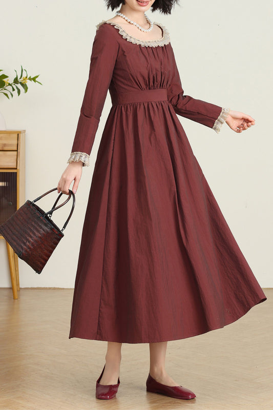 Women's Burgundy Princess linen dress C5331