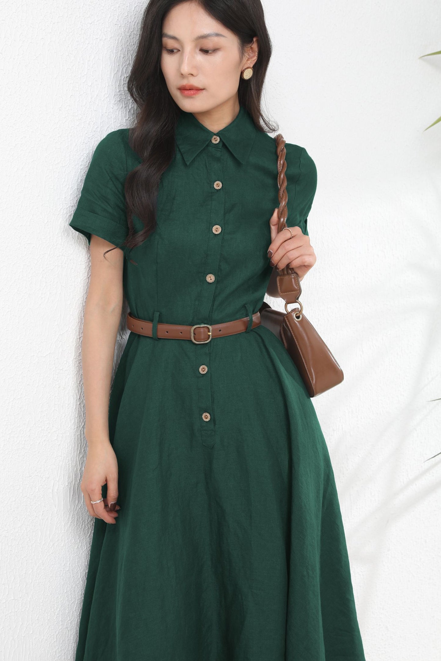Dark Green Midi Linen Dress c4899