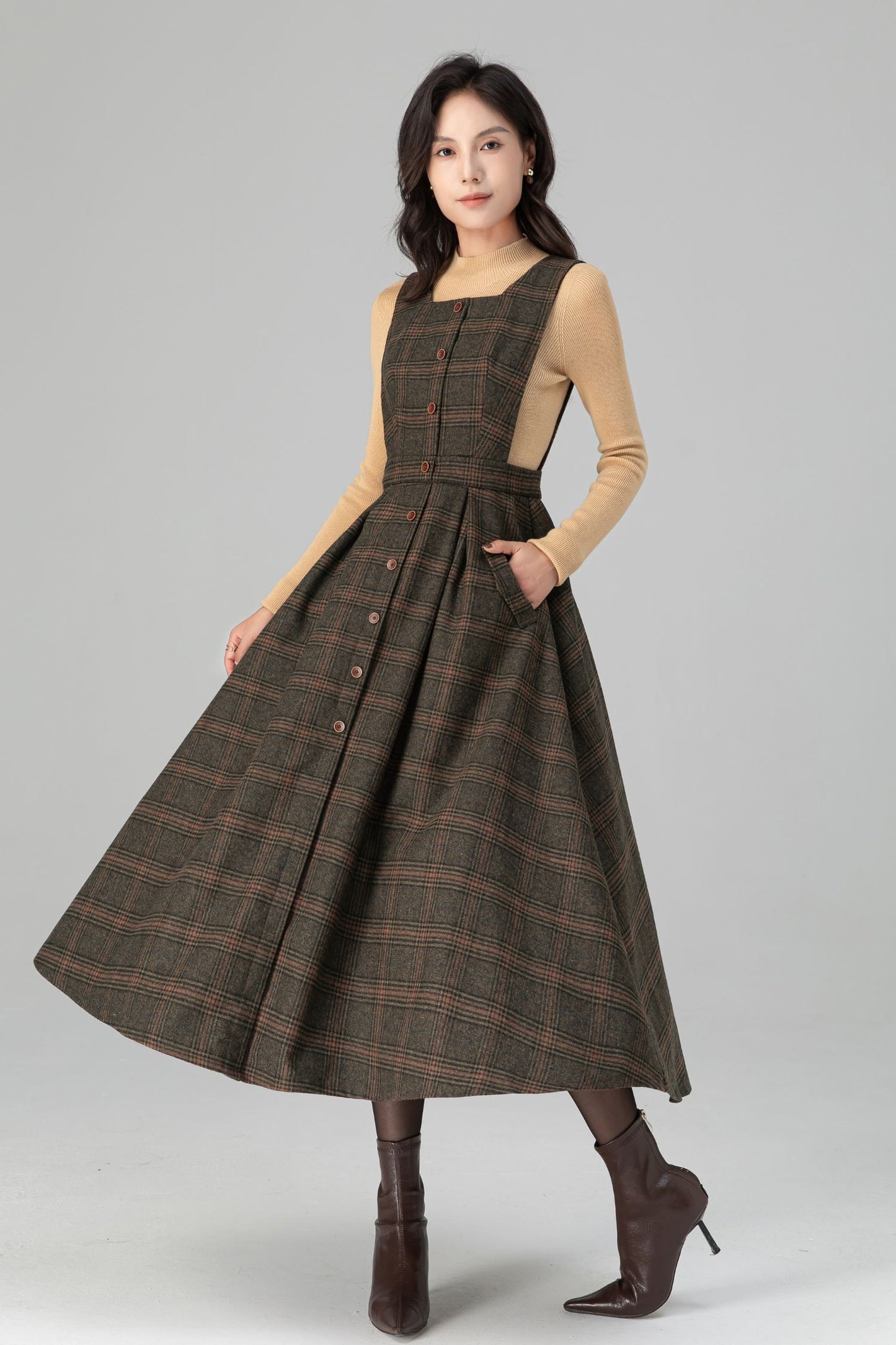 Classic Plaid A Line Apron Midi Wool Dress C5196