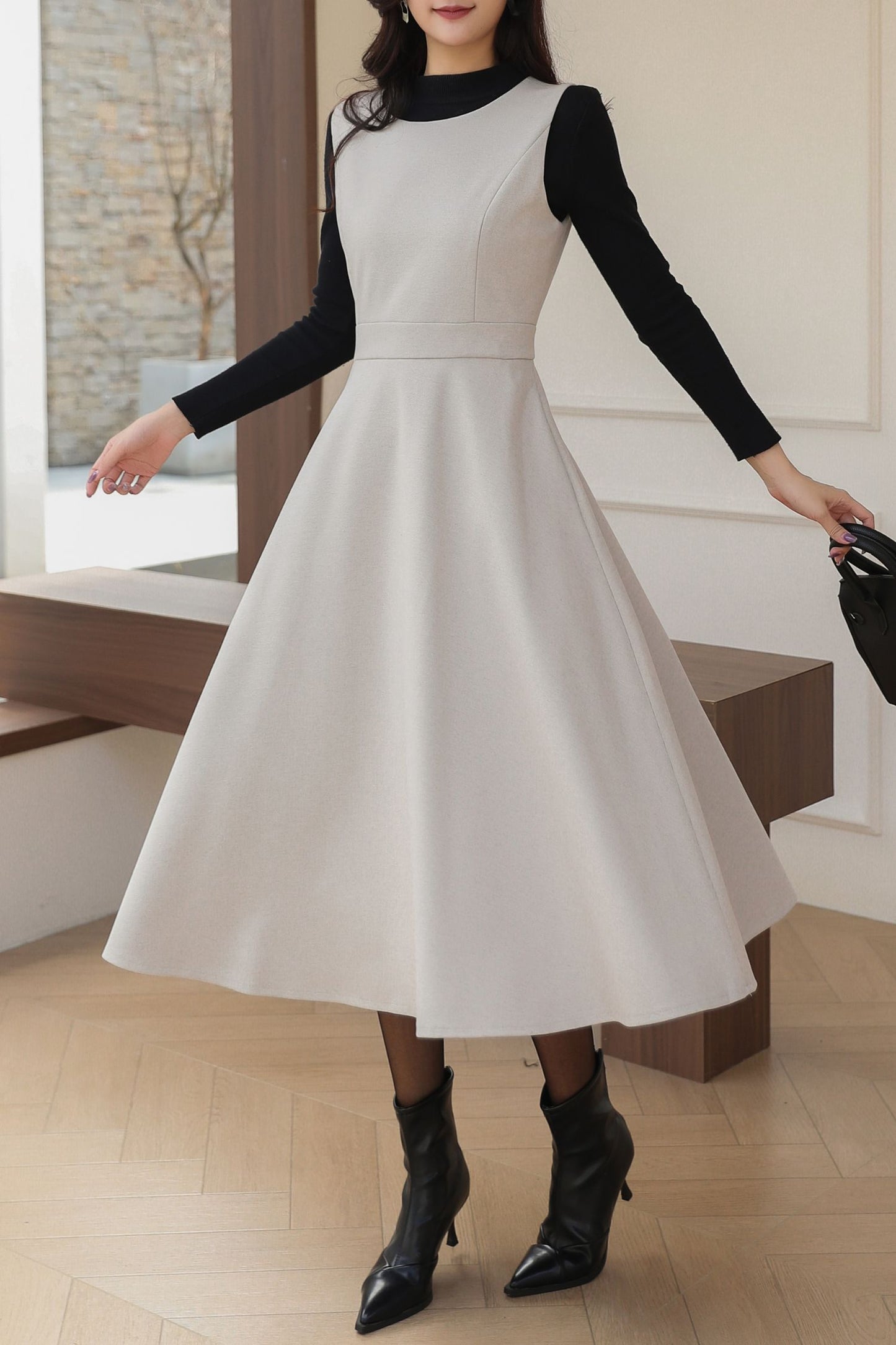 Sleeveless A-Line Midi Wool Dress C5193