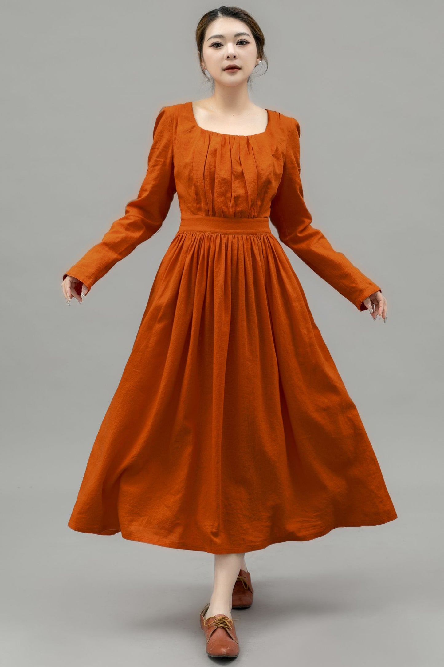 Long Sleeve Orange Linen Dress for Women C4750