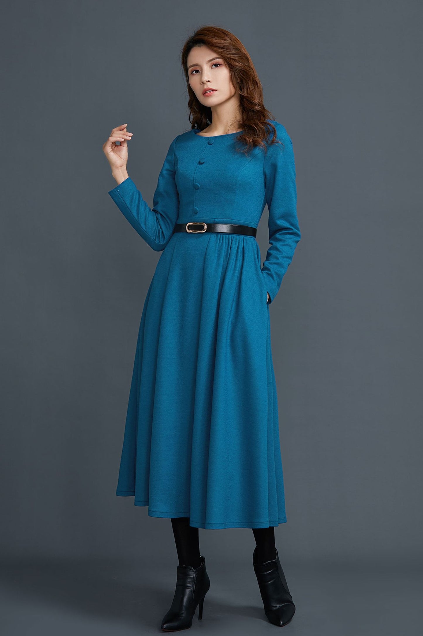 Long sleeves blue midi wool dress women C1654
