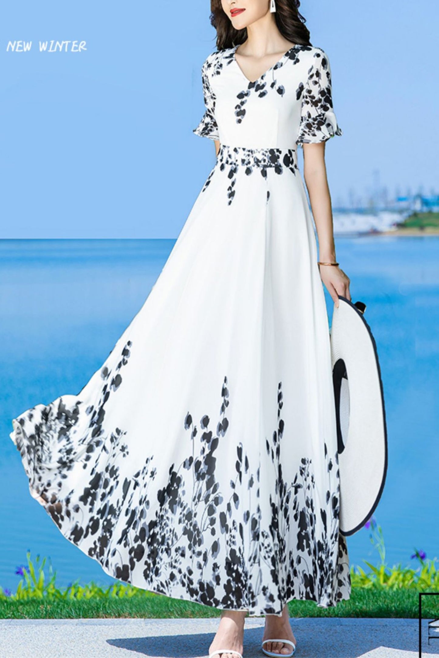 White women chiffon floral V-neck dress C3994