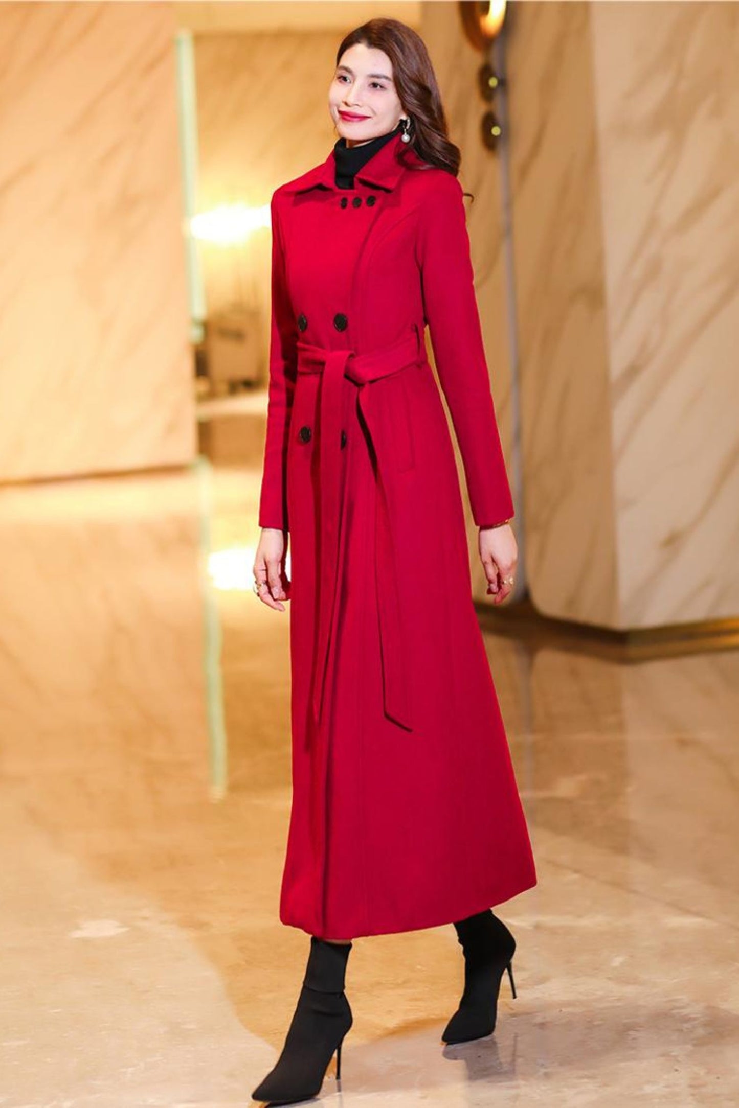 Women's Medium-length Red wool coat C3774