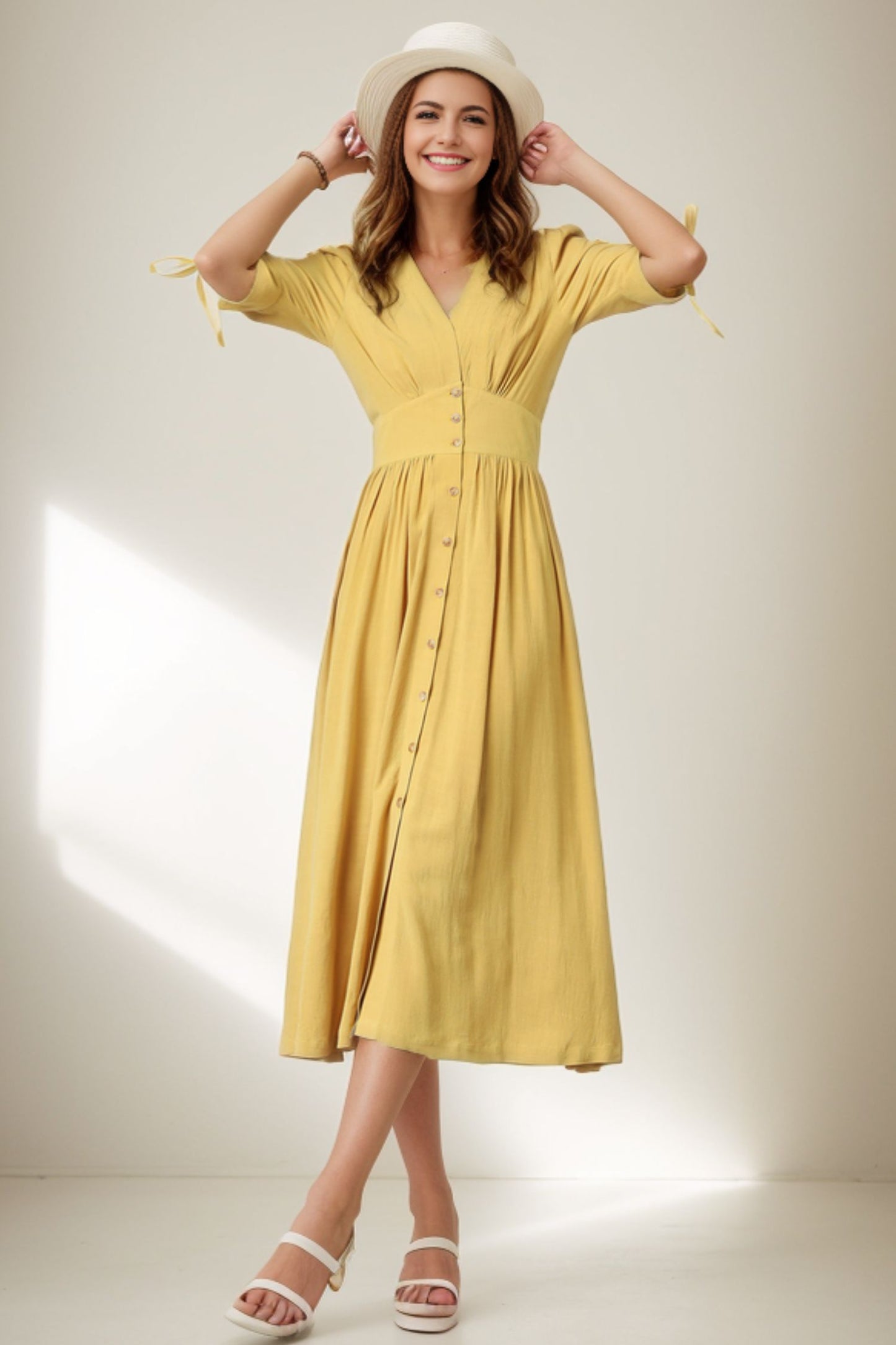 Deep V neck Linen party Dress C4068