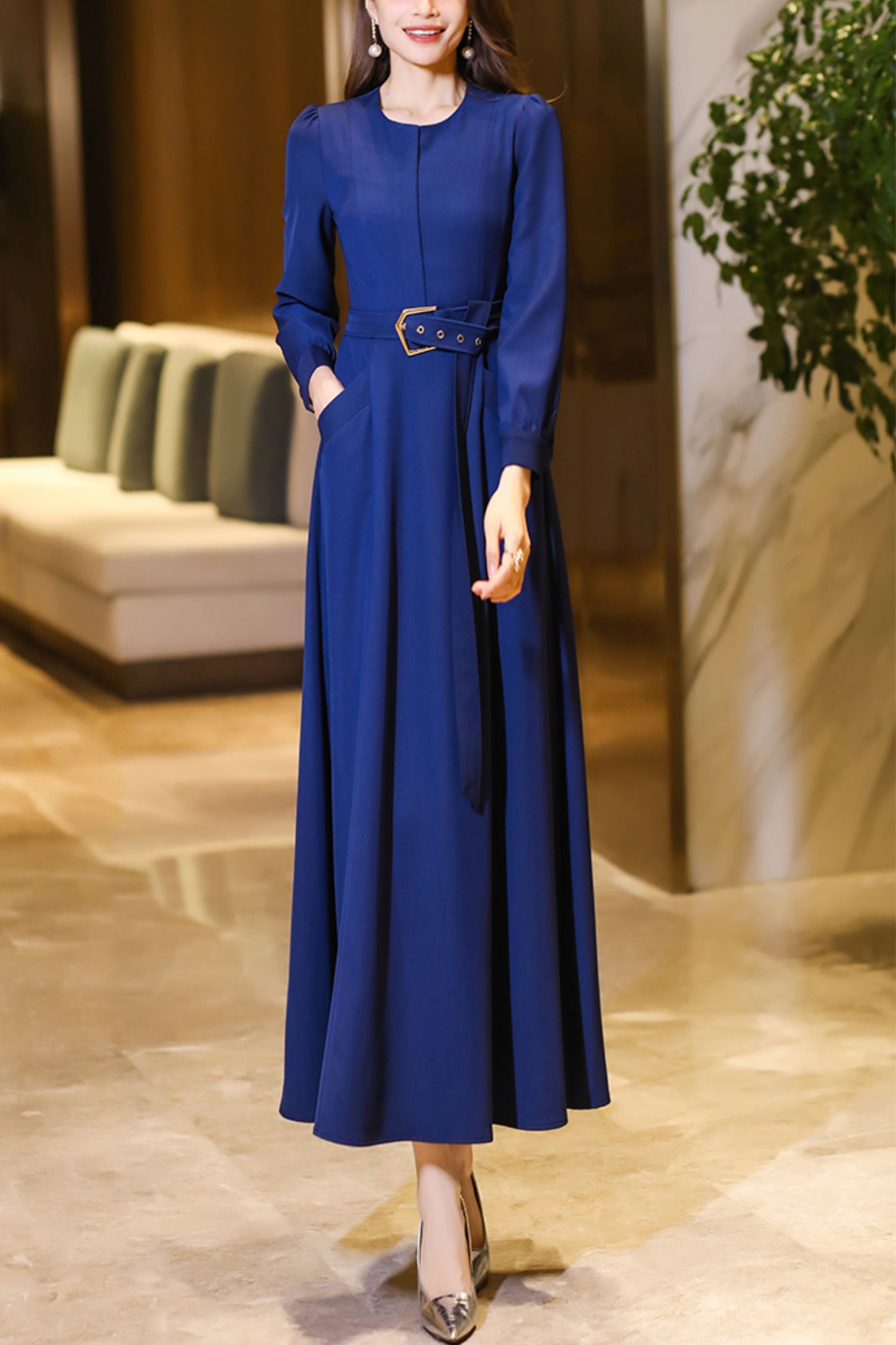 Navy blue long-sleeved spring and autumn dress C4192
