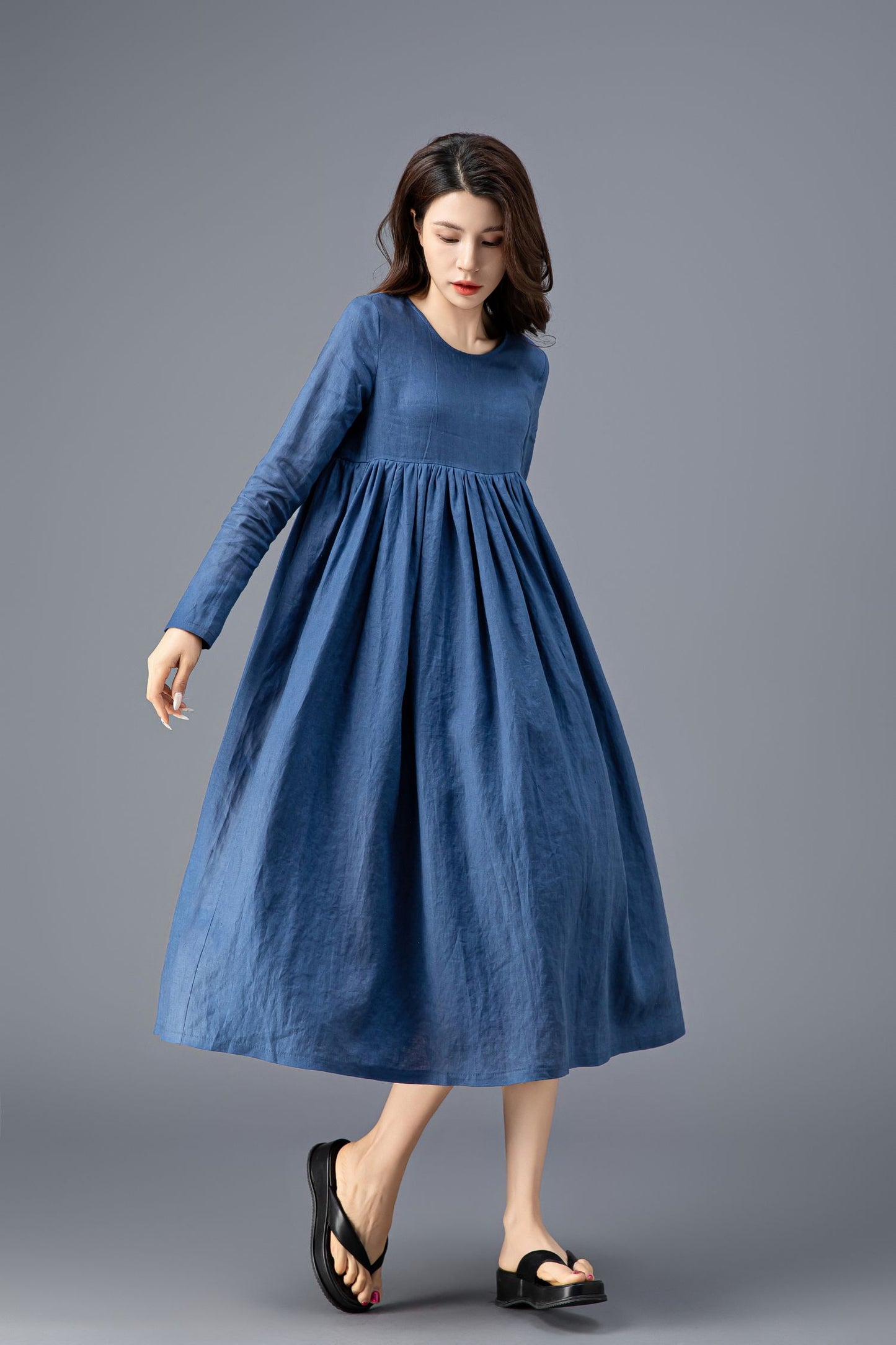 Long Sleeve Blue Linen Dress C3910