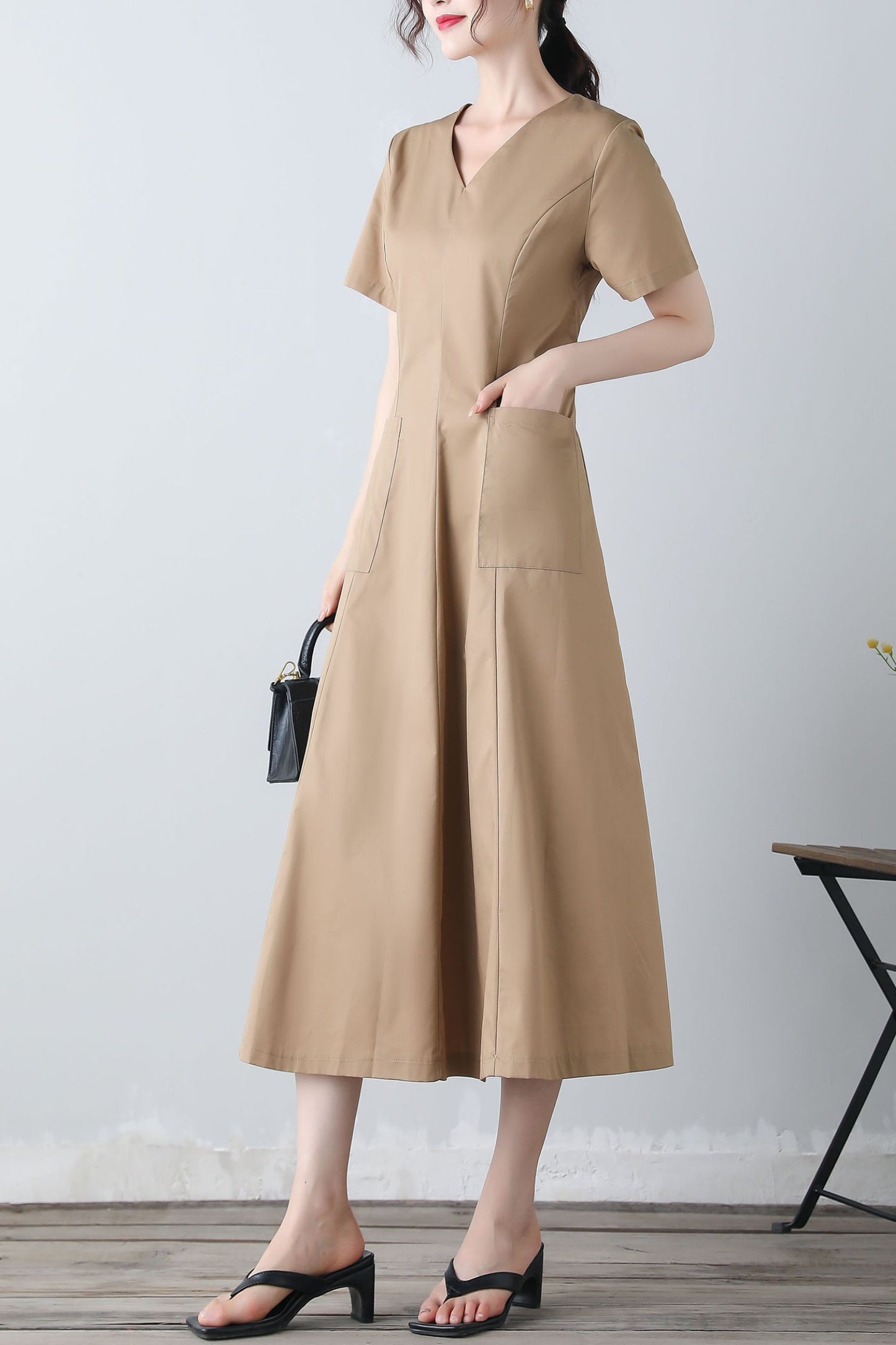 Women's v neck khaki dress C3454