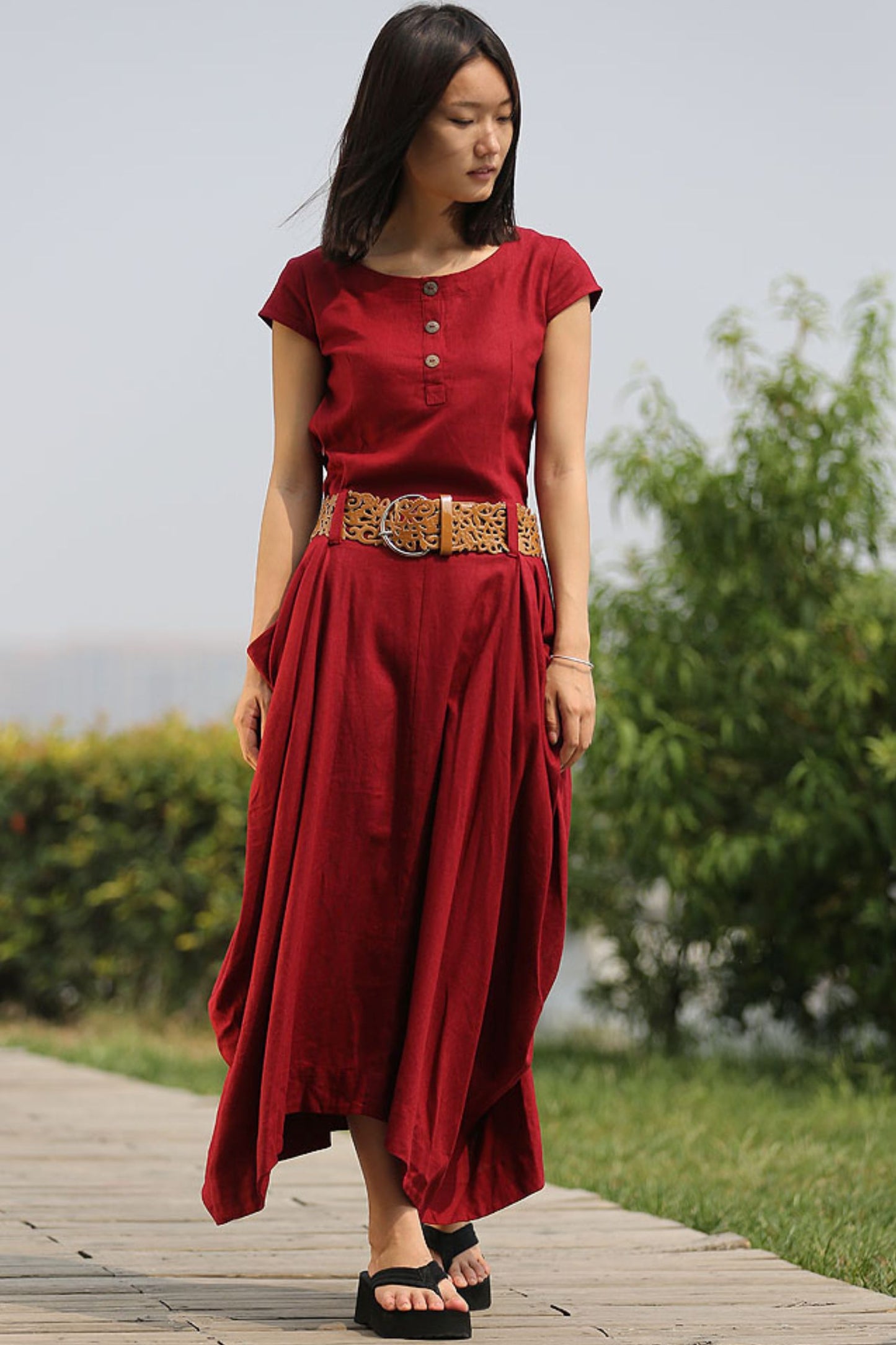 Linen Summer red womens asymmetrica dress C255