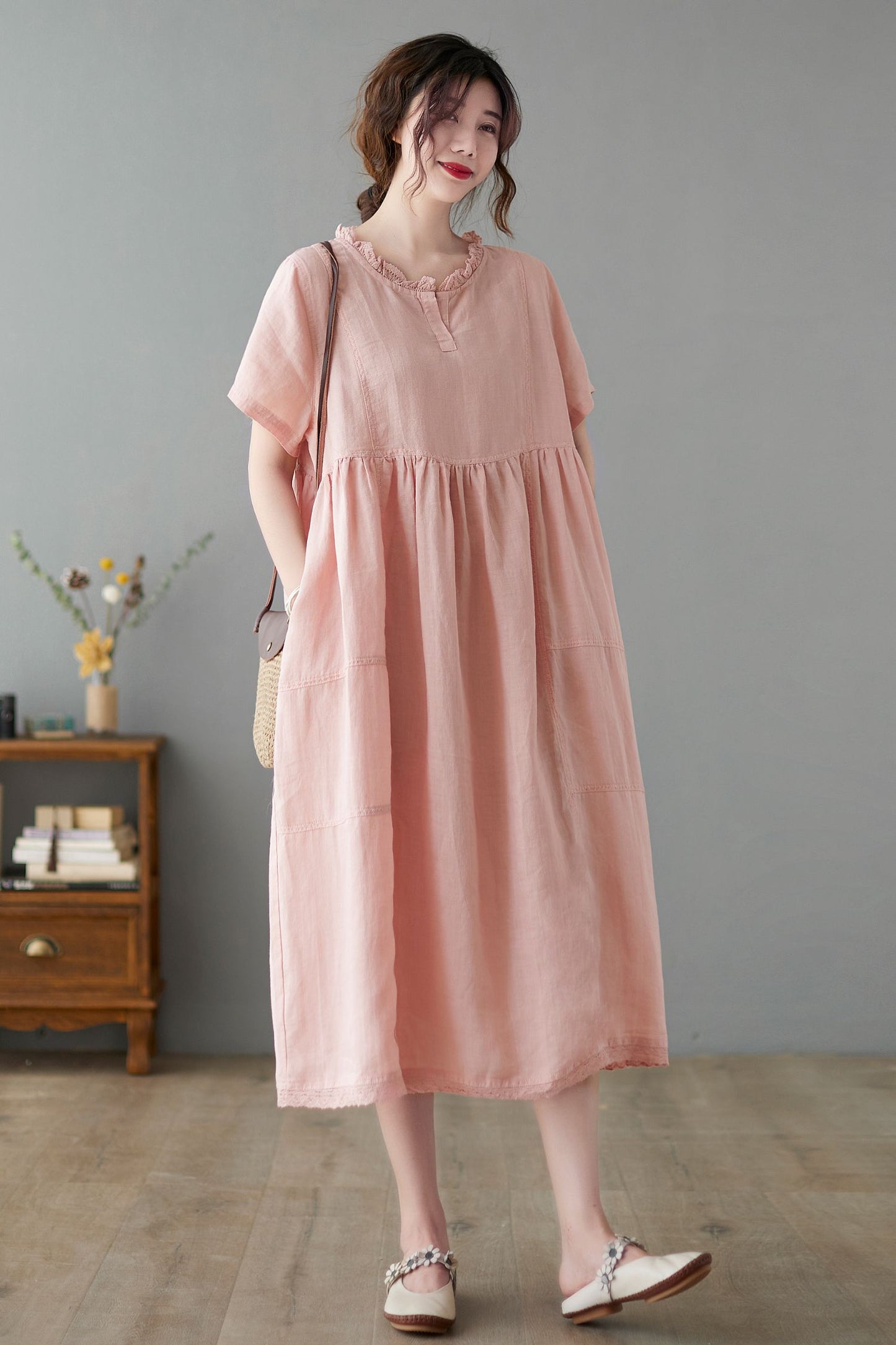 Midi Linen Casual Pink Swing Loose Fit Dress C2247