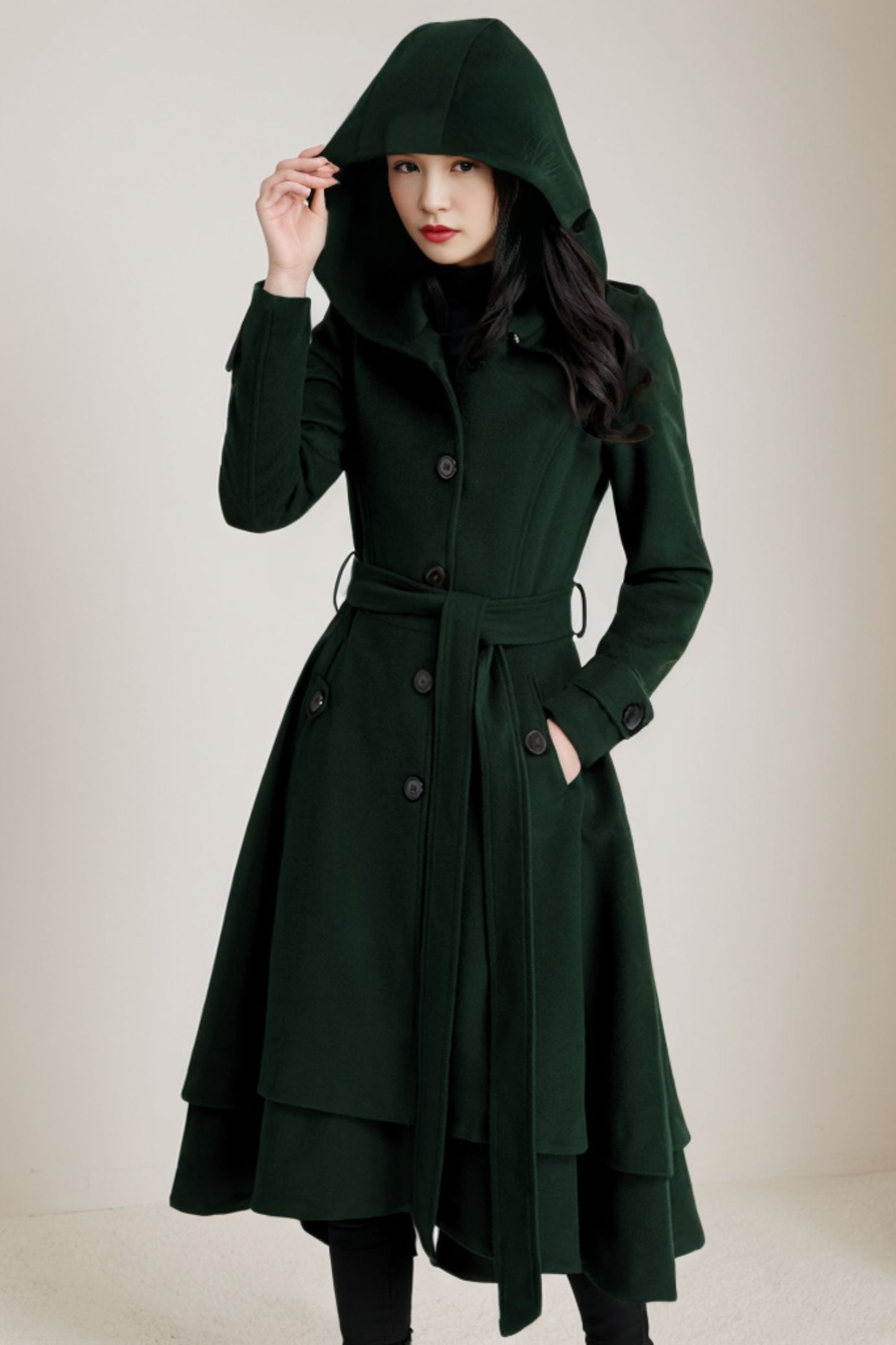 Winter Asymmetrical Green Hooded Wool Coat C4405