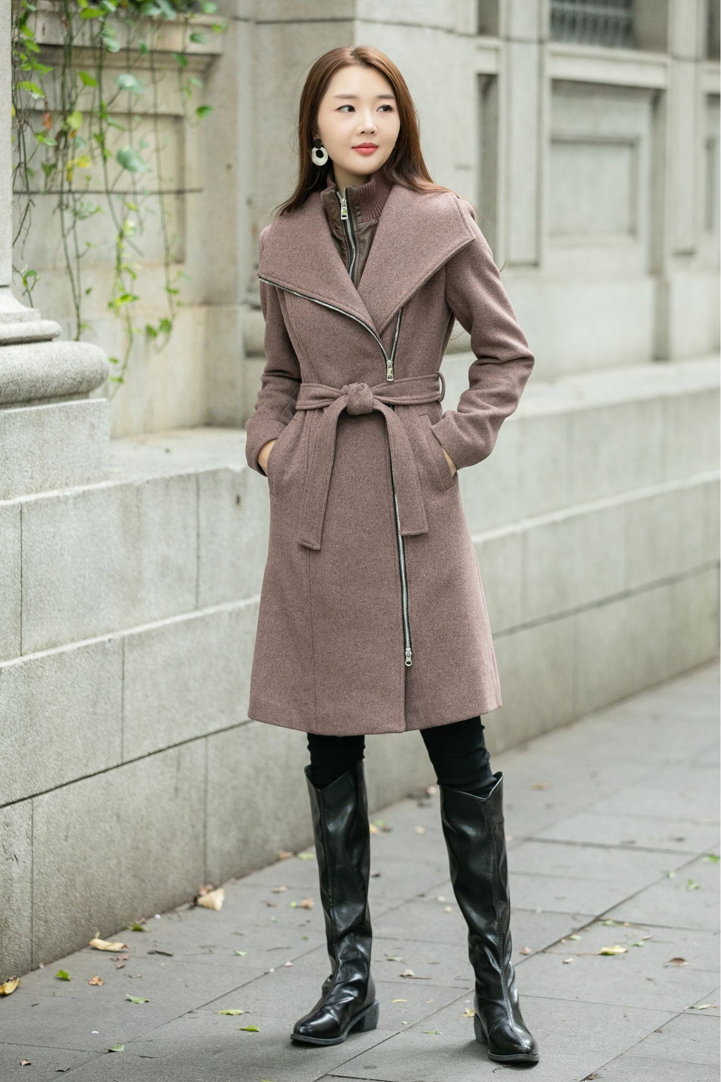 Tie belt asymmetrical winter wool coat C4508