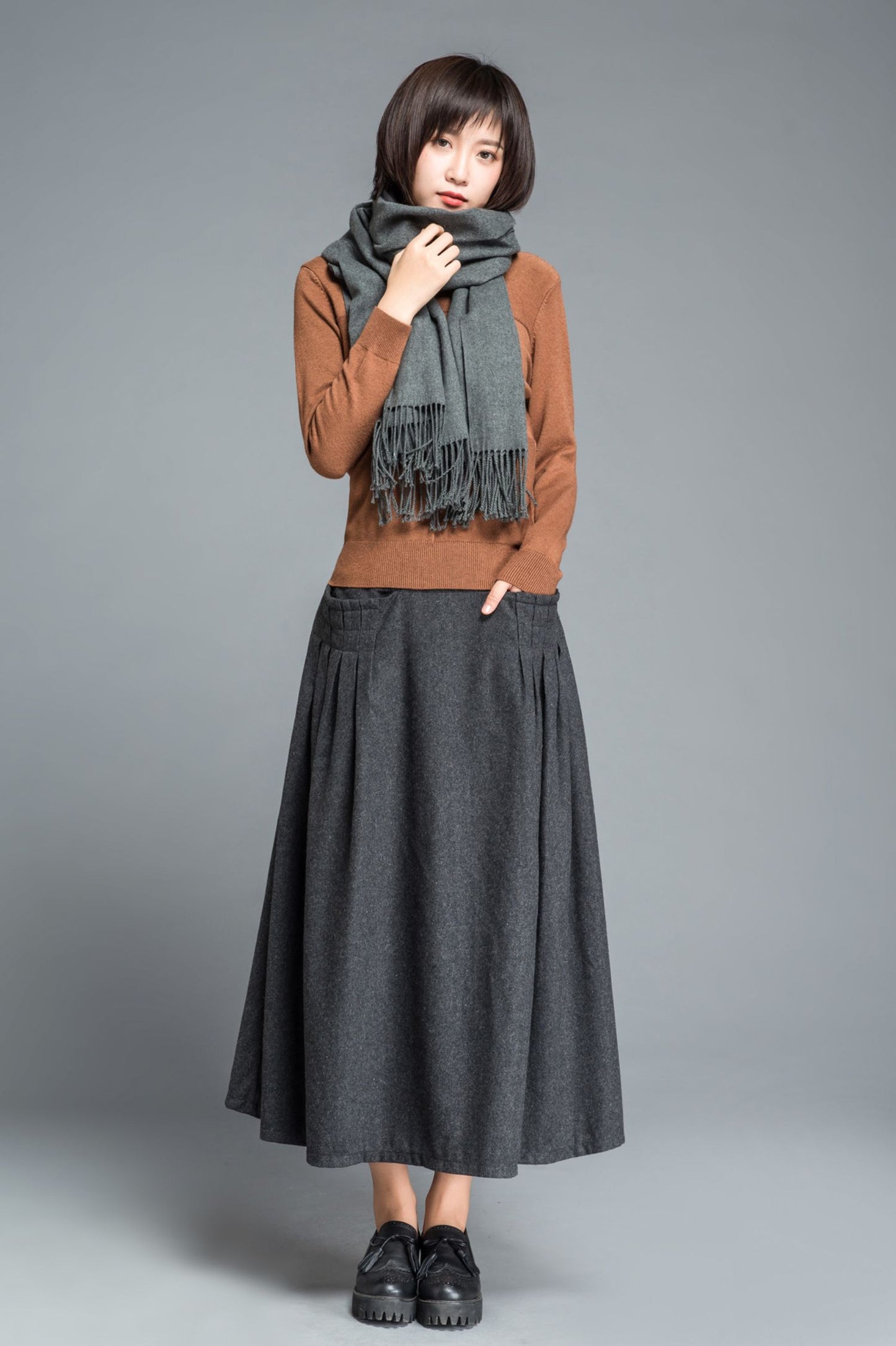 Winter gray wool maxi skirt C1204