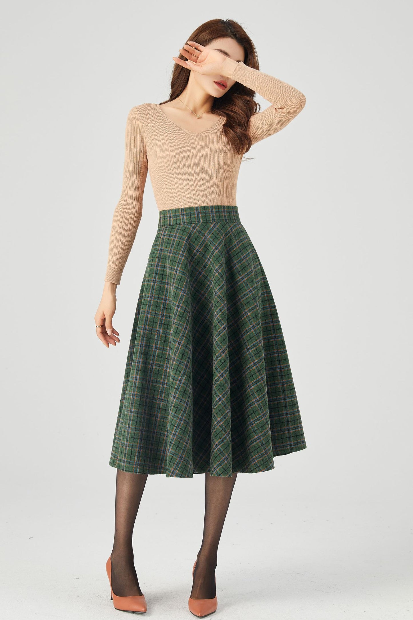 Winter Plaid Midi Wool Skirt C3686