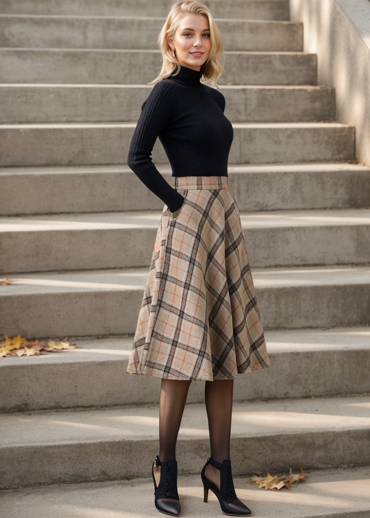 1950s Inspired Midi Wool Plaid Skirt C4356