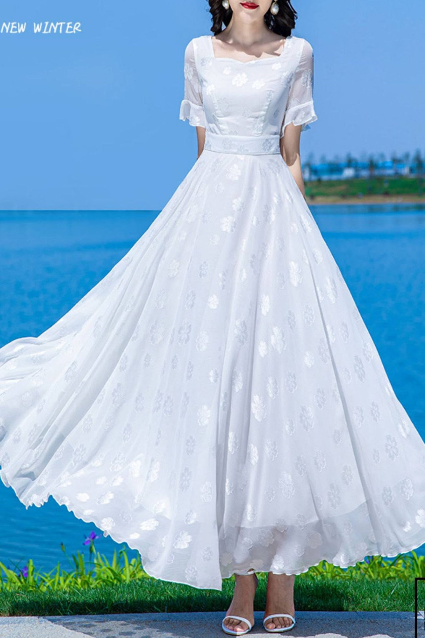 White women long chiffon big swing dress C3996