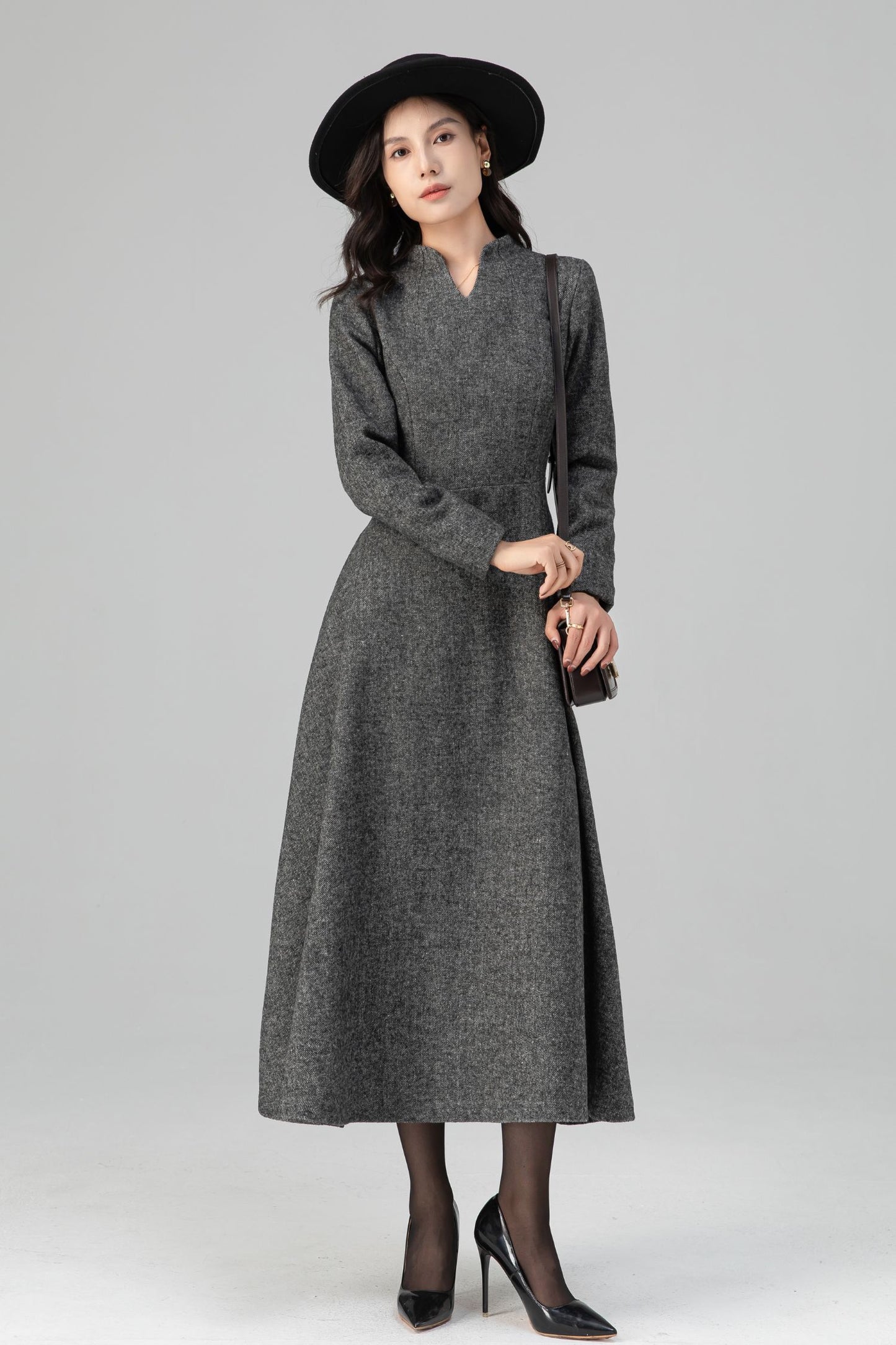 Warm Grey Long Sleeves Wool Maxi Dress C5204