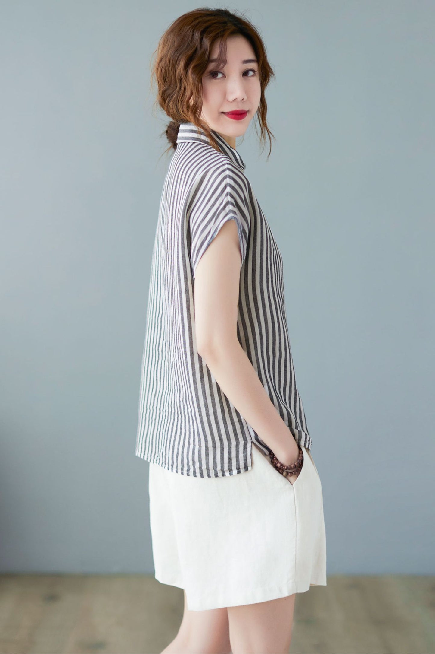 Women's Striped Button Up Short Sleeve Shirts C2366