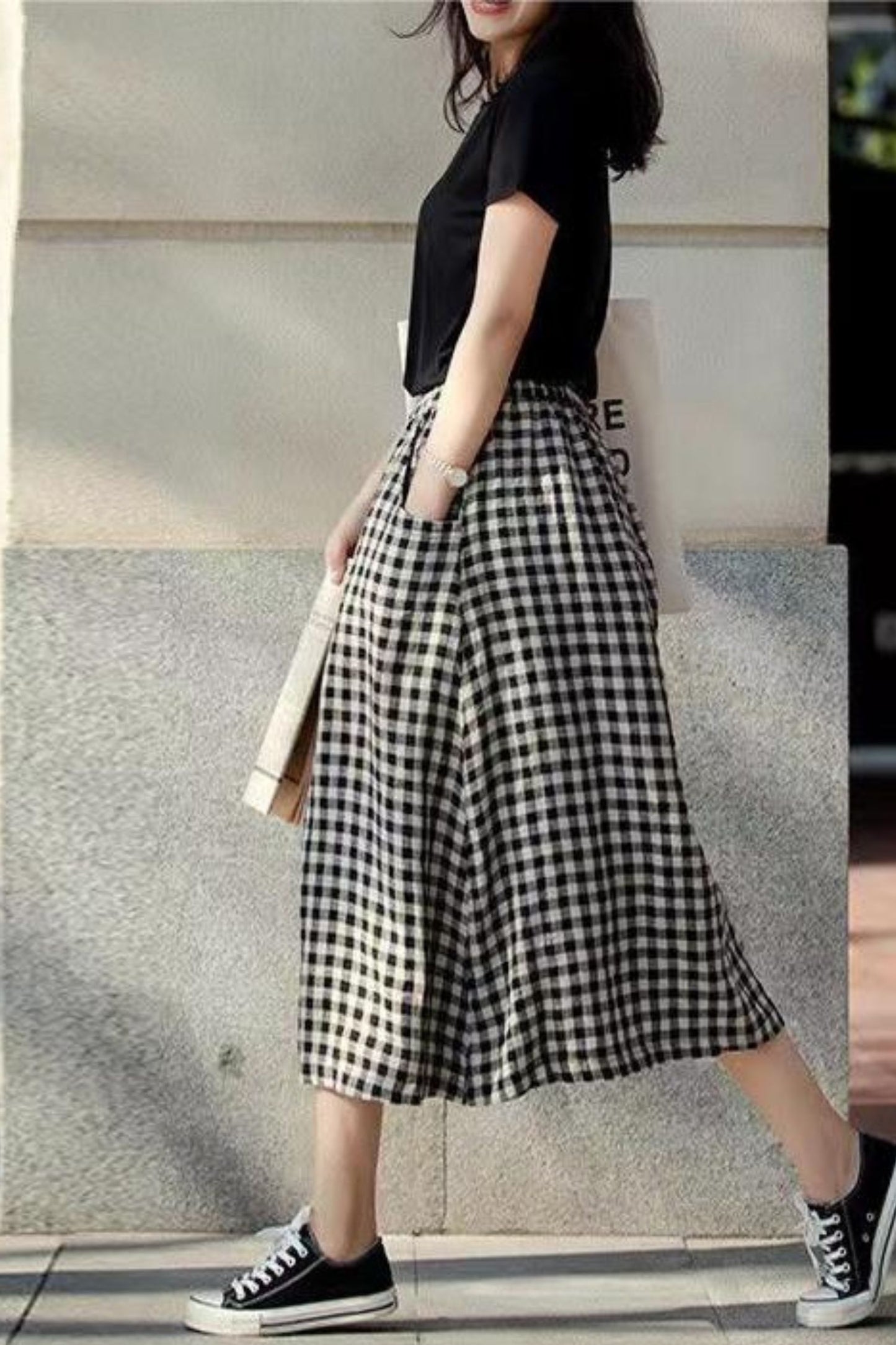 Cotton linen plaid elastic waist skirt TT0037