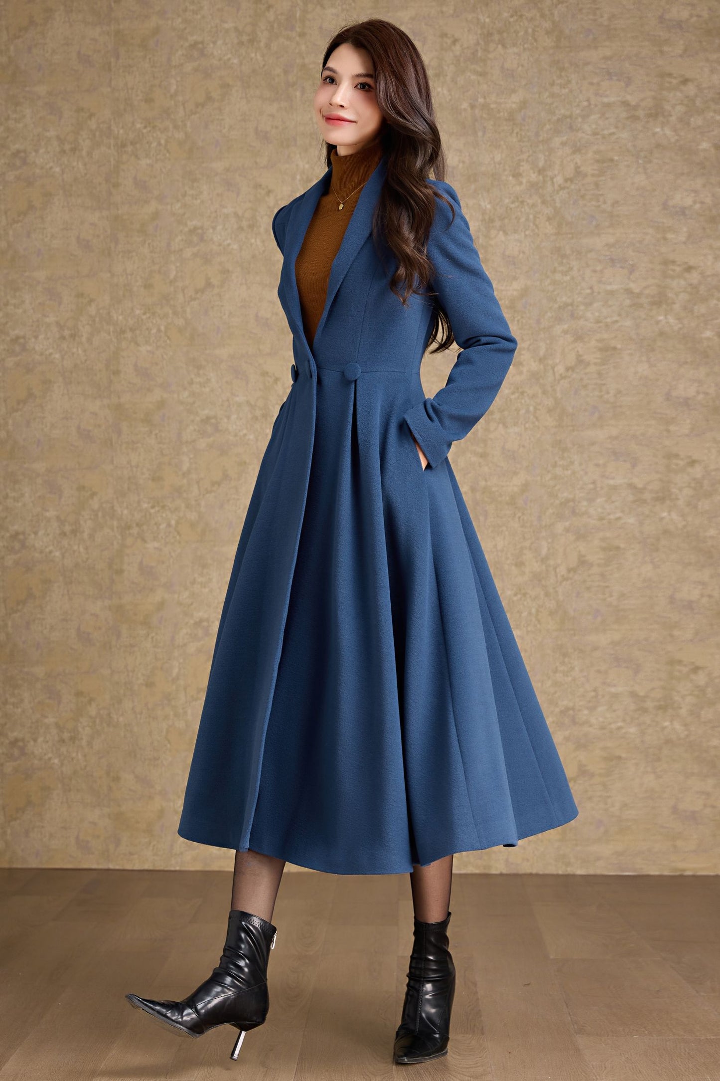 Long Blue Wool Princess Coat C4478
