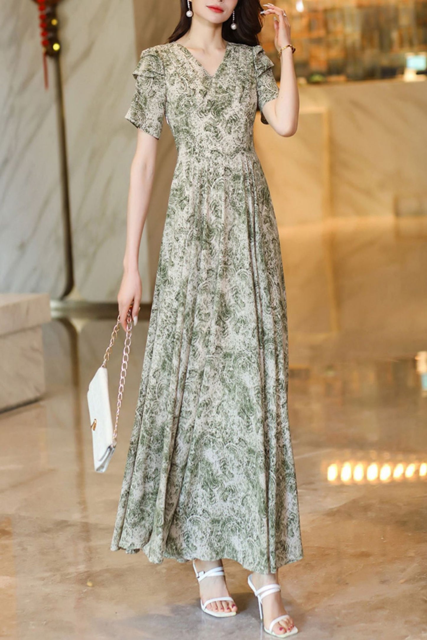 French summer white green dress C4117