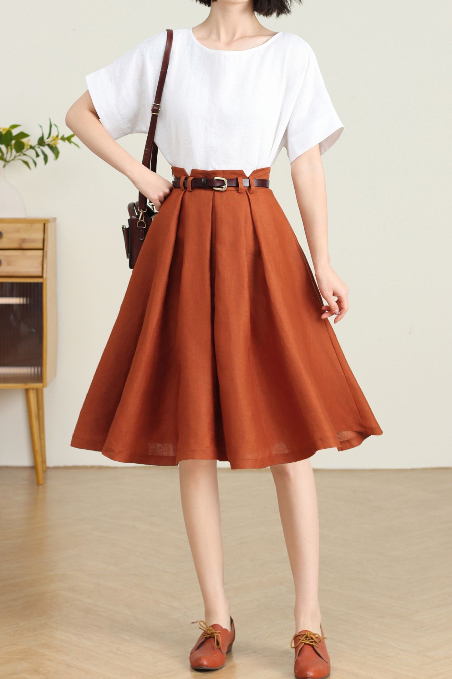 Orange Linen Skirt for Women C4732